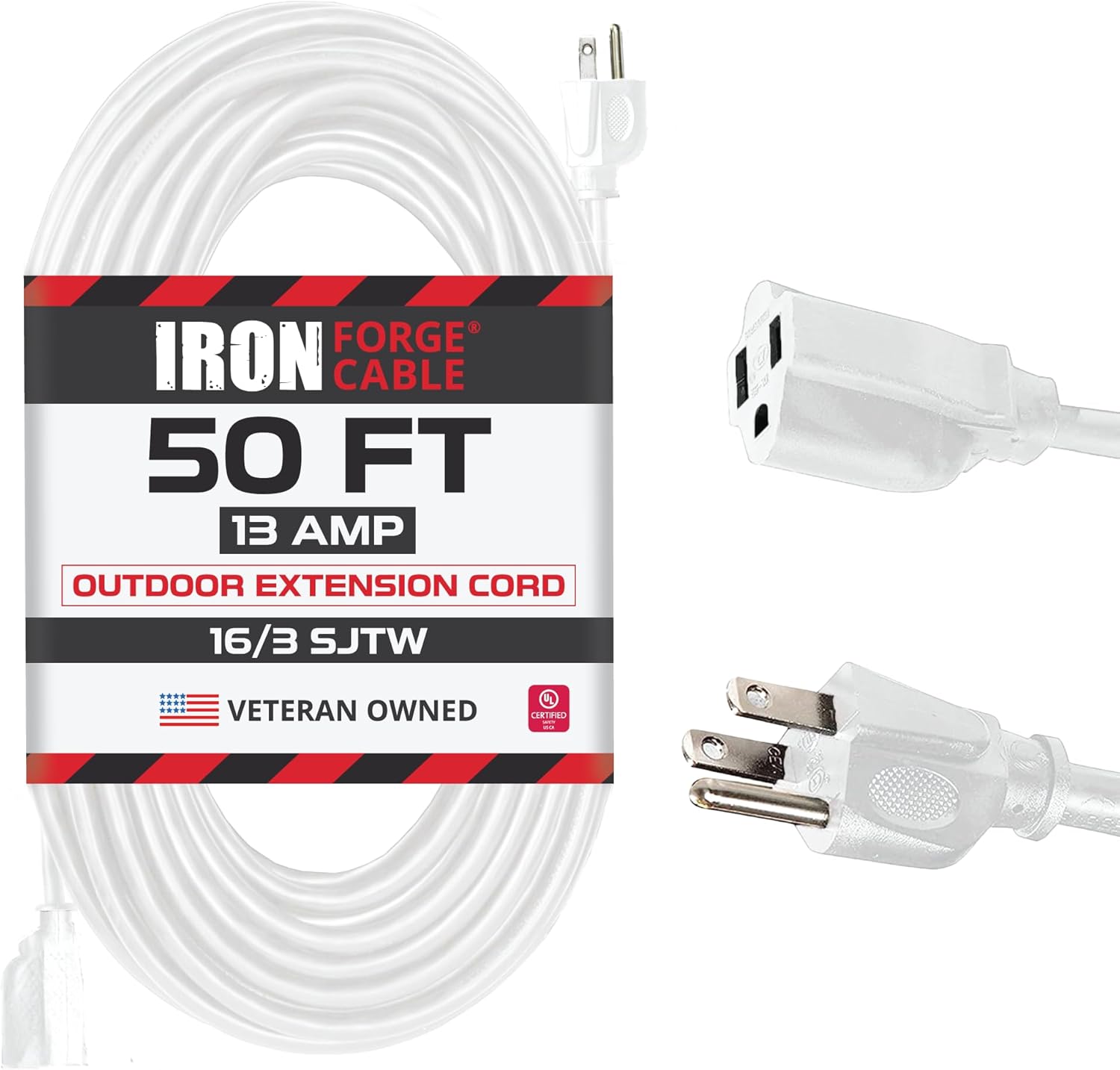 Iron Forge Cable Weatherproof 50 Ft Outdoor Extension Cord - 16/3 SJTW Heavy Duty White Extension Cord 3 Prong - 13 Amp Exterior Power Cable