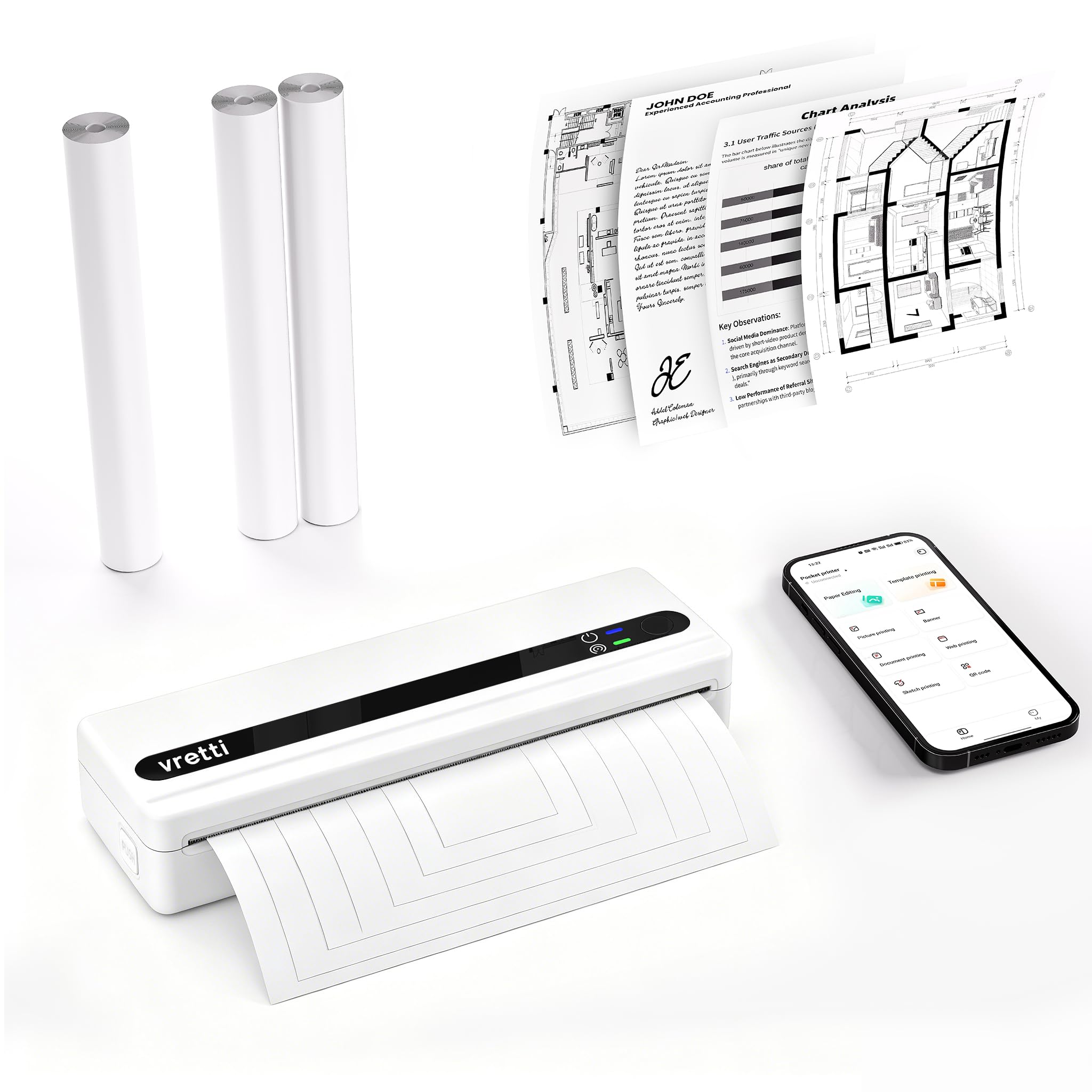vretti PB821 Impresora Térmica Blanca Portátil A4 con 3 Rollos de Papel, Impresora Móvil Bluetooth Sin Tinta para Viaje Oficina Camión Hogar, Compatible con iOS Android Windows Mac, Blanco