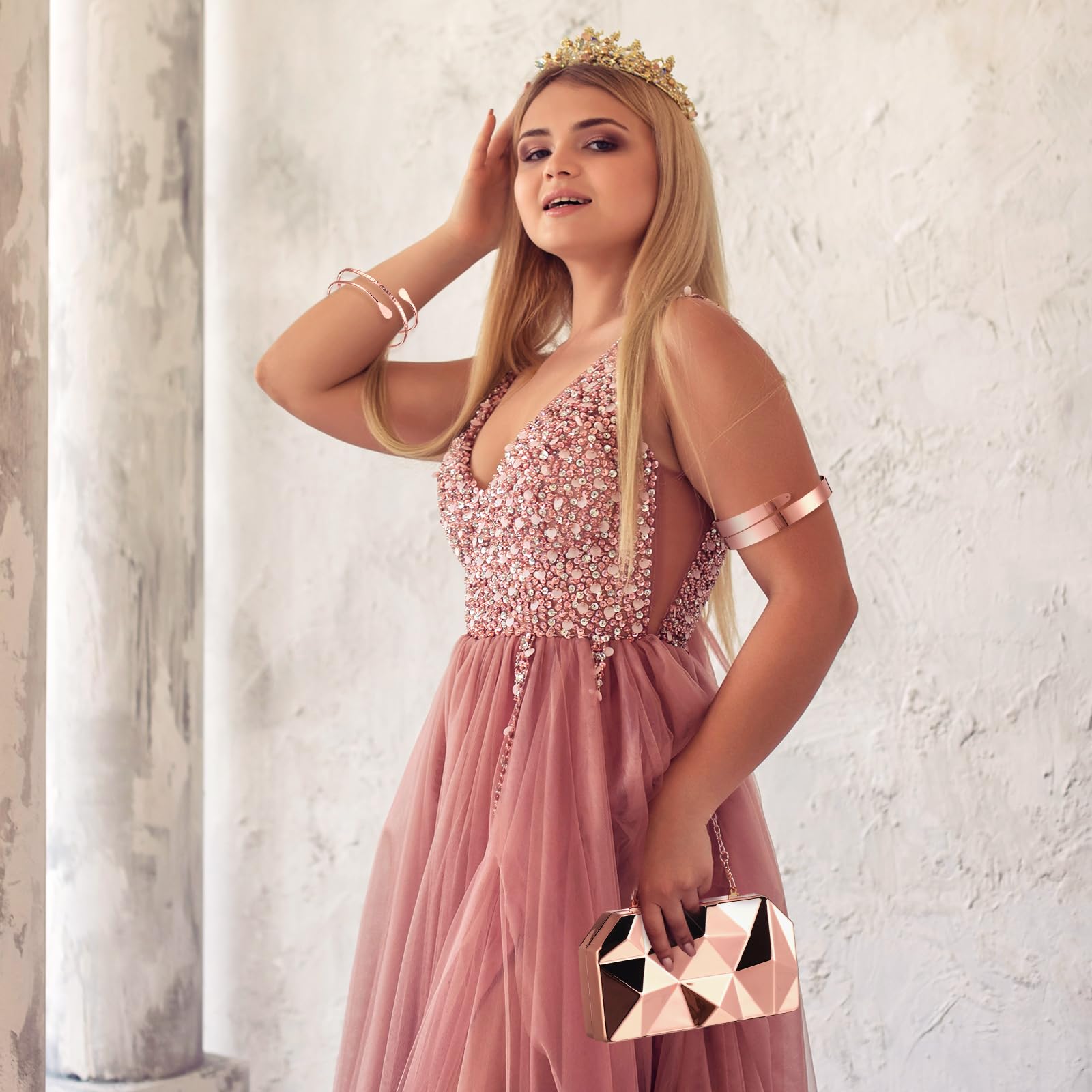 5 Pcs Clutch Purse for Women Evening Prom Purses Metallic Handbag for Valentines Wedding Banquet Retro Jewelry Set