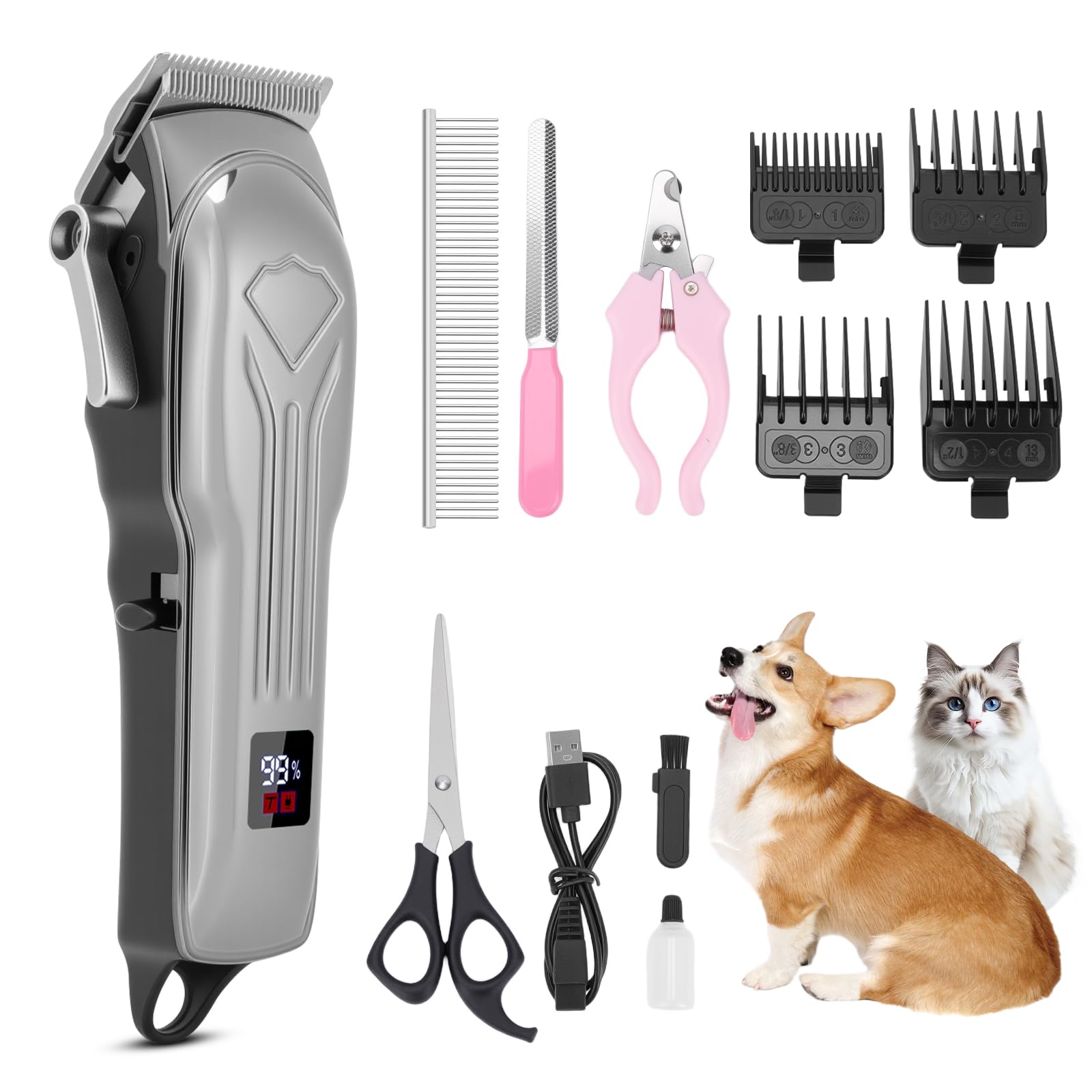 犬用バリカン、4段階スピード電動ペット用バリカン足裏、コードレス充電式 ペット 犬 トリミング、猫 犬 トリミング 長毛、低騒音低振動LED表示 厚被毛足裏全身カット 猫含む全犬動物種用 （3、6、10、13mm） (グレー)