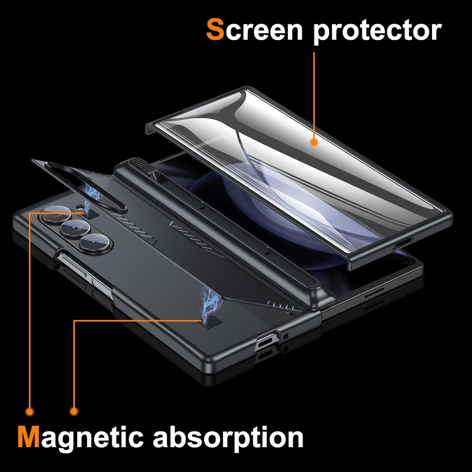 Kaiiecal for Z Fold 6 Case with S Pen Holder[No Pen], Shockproof Rugged [Hidden Stand] [Hinge Protection] [Wireless Charging], Built-in HD Screen Protector, Phone Case for Galaxy Z Fold6, Black