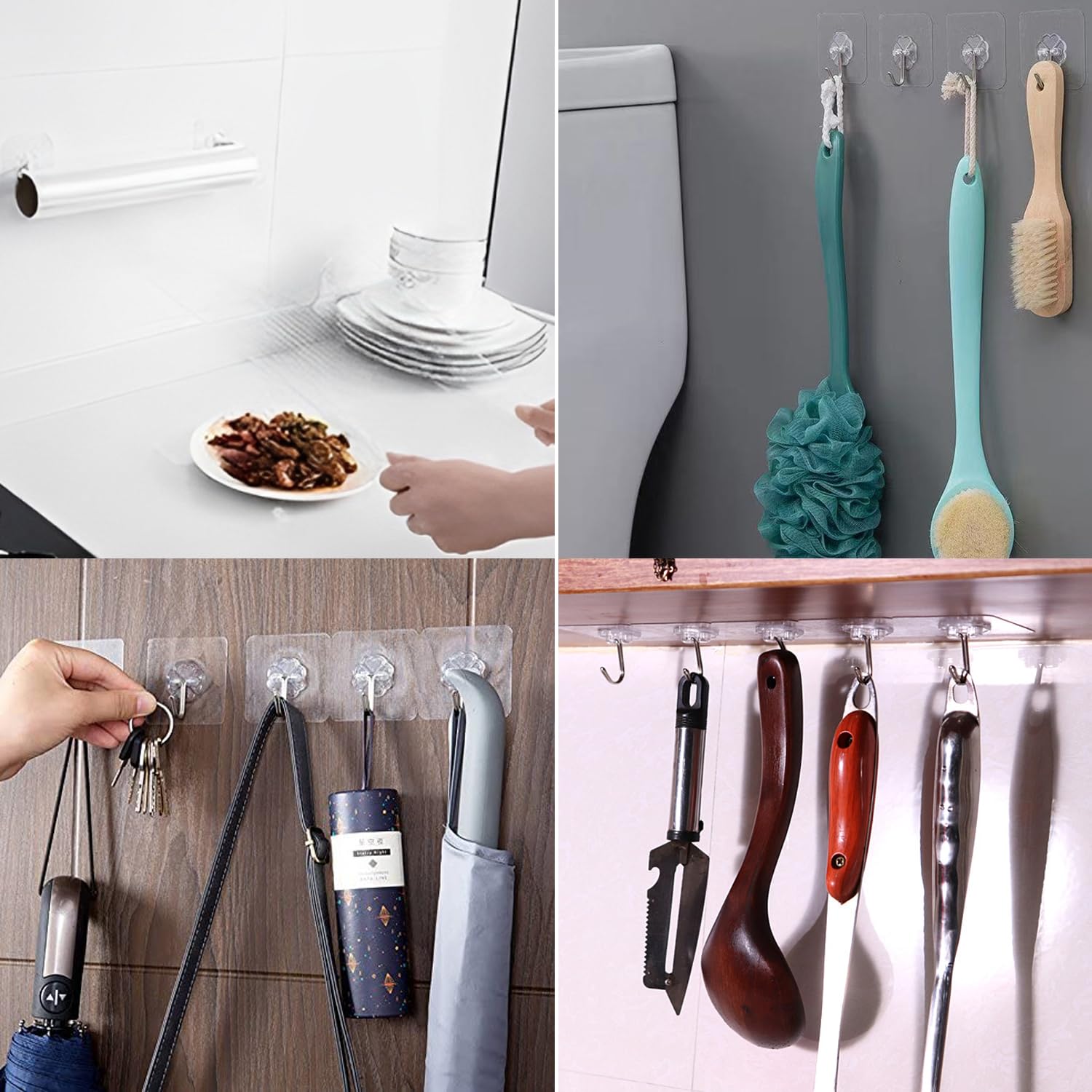 Ganci Adesivi, 10 Pezzi Gancio Adesivo Trasparenti 10 kg (max) 60MM Ganci Forti Senza Cuciture per Cappotti Sciarpe Asciugamani Borse Chiavi in Bagno Cucina Ufficio