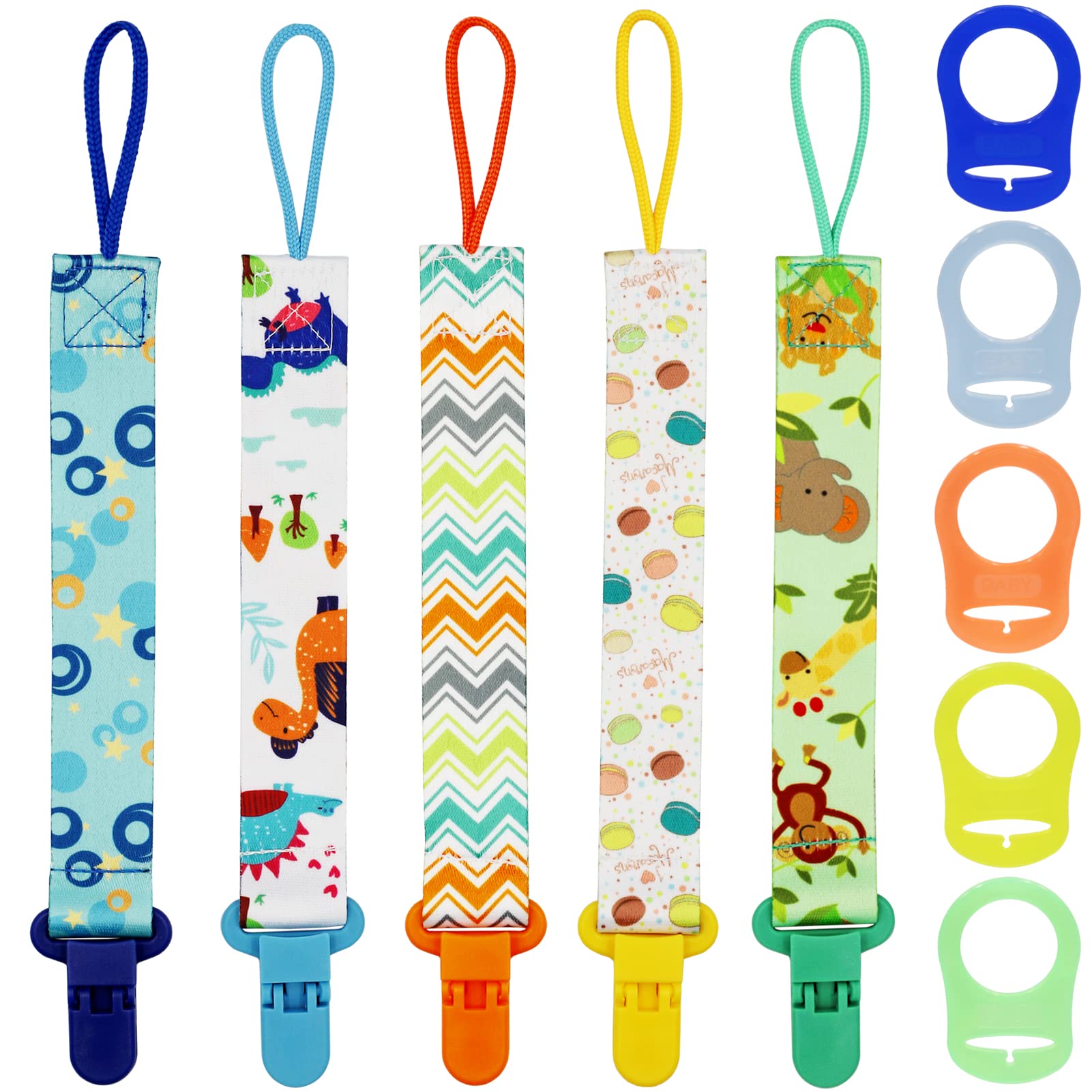 Baby Dummy Clips with Adapters, 5 Pcs Pacifier Soother Chain Holder Straps with 5 Pcs Silicone Button Rings, Teething Clips for Boys and Girls Unisex, Baby Dummy String Soother Clips (Green)