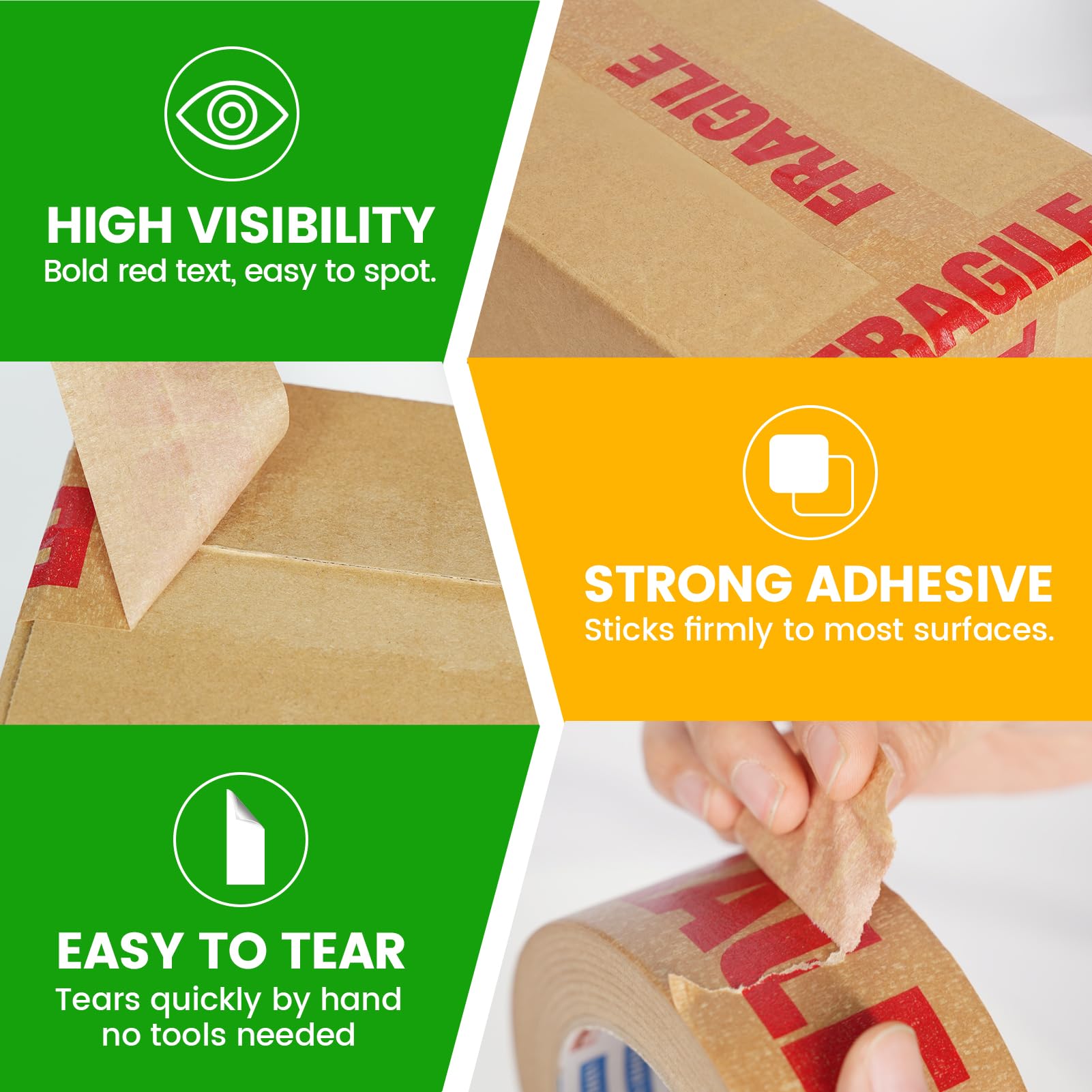 Nastro Adesivo FRAGILE In Carta Kraft 50mm X 50m - 6 Rotoli, Resistente, Biodegradabile, Per Imballaggi E Traslochi