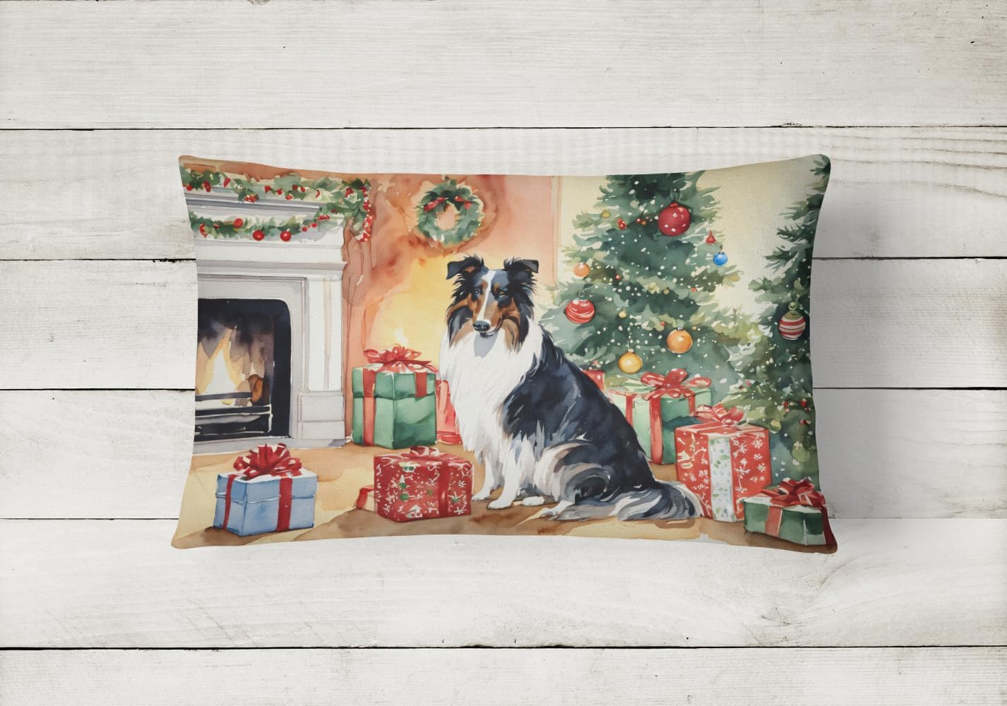 Caroline's Treasures DAC2636PW1216 Collie Cozy Christmas Throw Pillow Machine Washable, Indoor Outdoor Decorative Pillow for Couch, Bed or Patio, 12HX16W