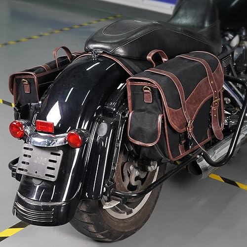 Miniatura 8 de NICECNC Bolsas de sillín para motocicleta, alforjas vintage de lona encerada en aceite, bolsas laterales de gran capacidad compatibles con Harley
