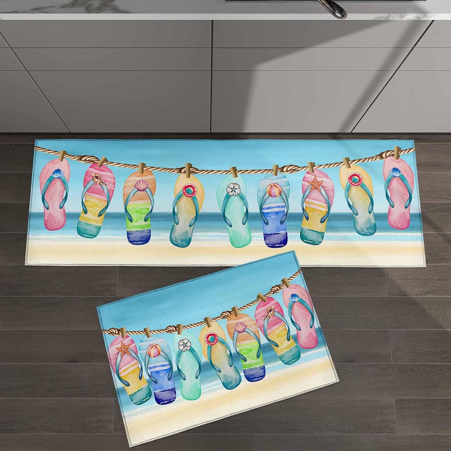 2 Pieces Kitchen Rugs and Mats,Summer Colorful Slipper Hanging on A Rope Area Runner Rug Set Non Slip Floor Doormat Washable Carpet Standing Mat for Kitchen Sink Indoor Corridor,Ocean Beach Theme