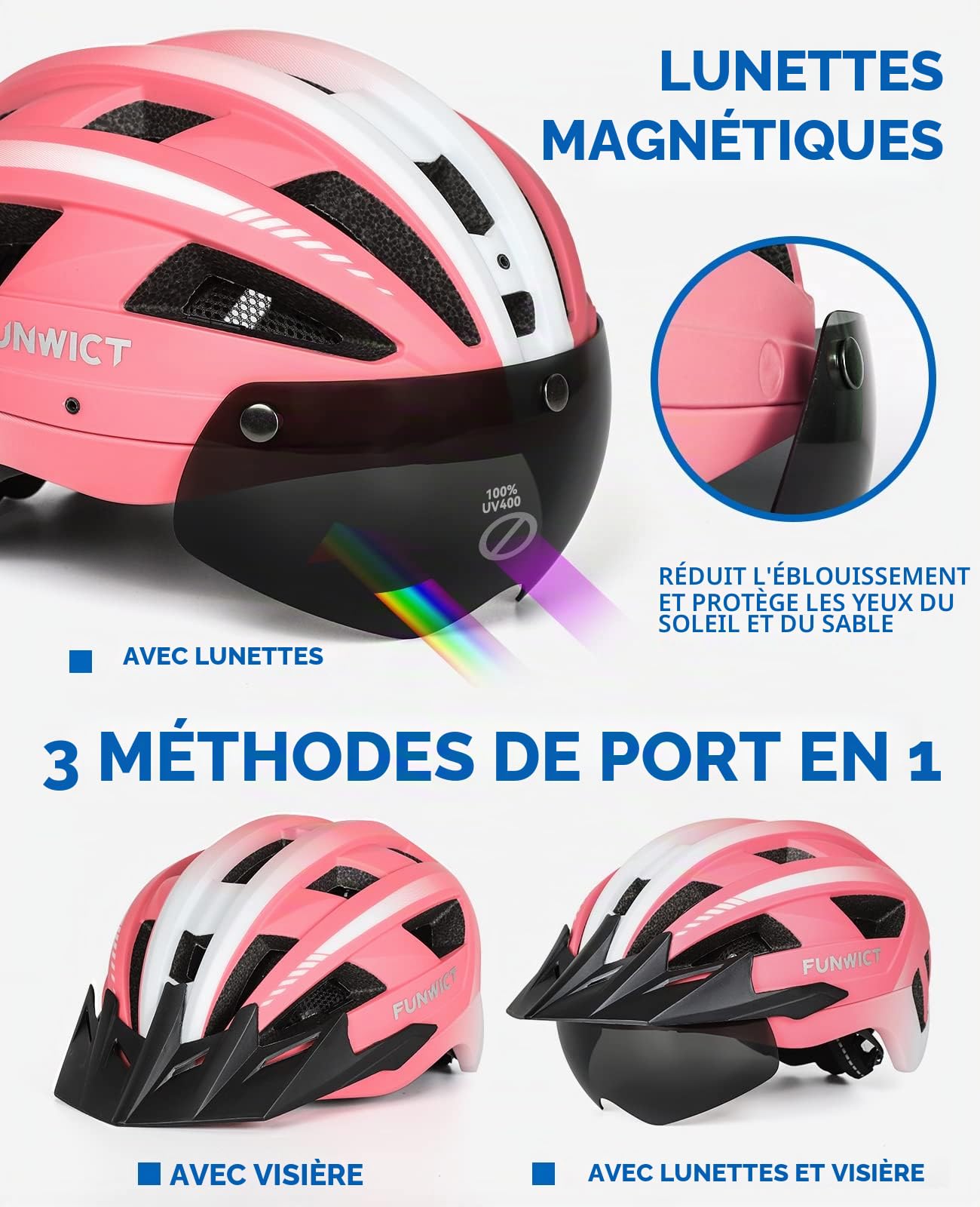 Casque Velo Homme Femme avec Visiere et Lunettes Détachables, Casque Vélo Casques VTT avec Feu Arrière à LED Rechargeable, Casque Cyclisme pour Adulte et Adolescent (M: 54-58 cm, Rose)