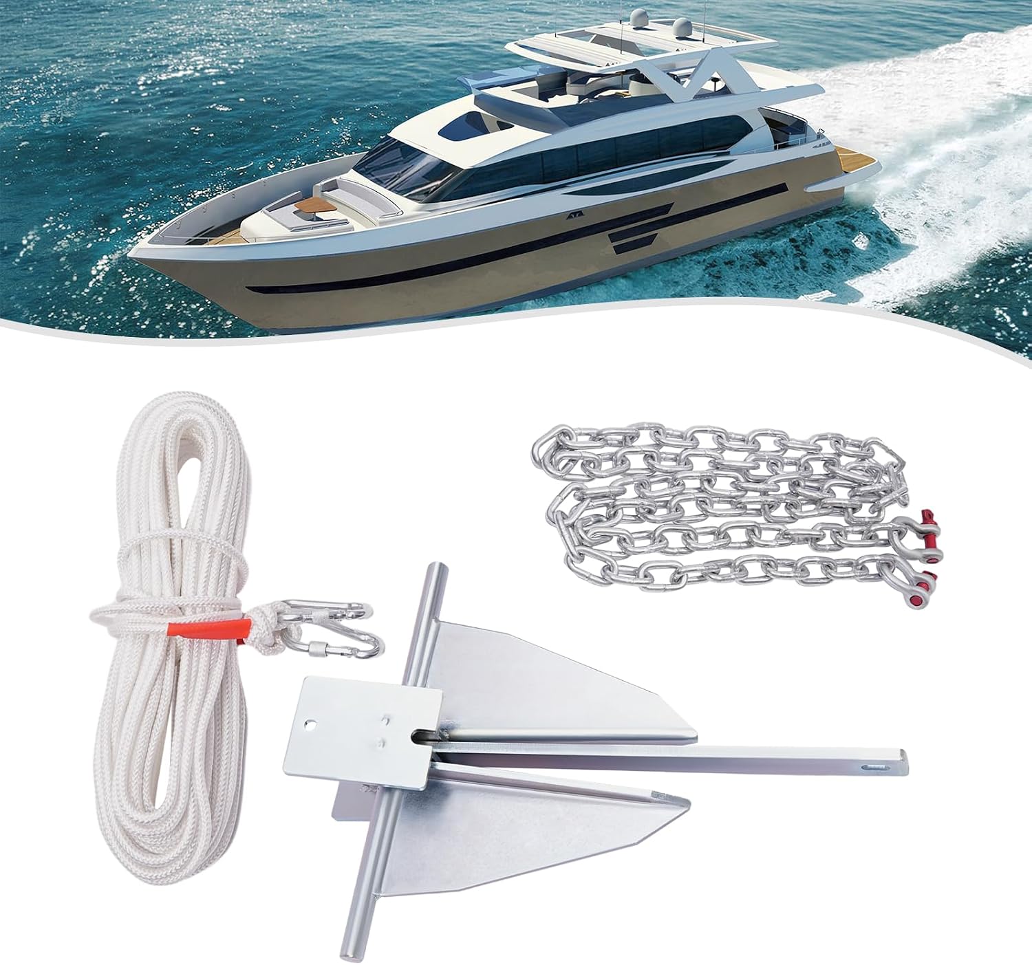 Boat Anchor Kit 13 lb Fluke Style Anchor, Hot Dipped 1/3" 6.6ft Galvanized Steel Chain Fluke Anchor, Marine Anchor with 3/8" 100ft Nylon Rope for Pontoons, Center Consoles, Deck Boats