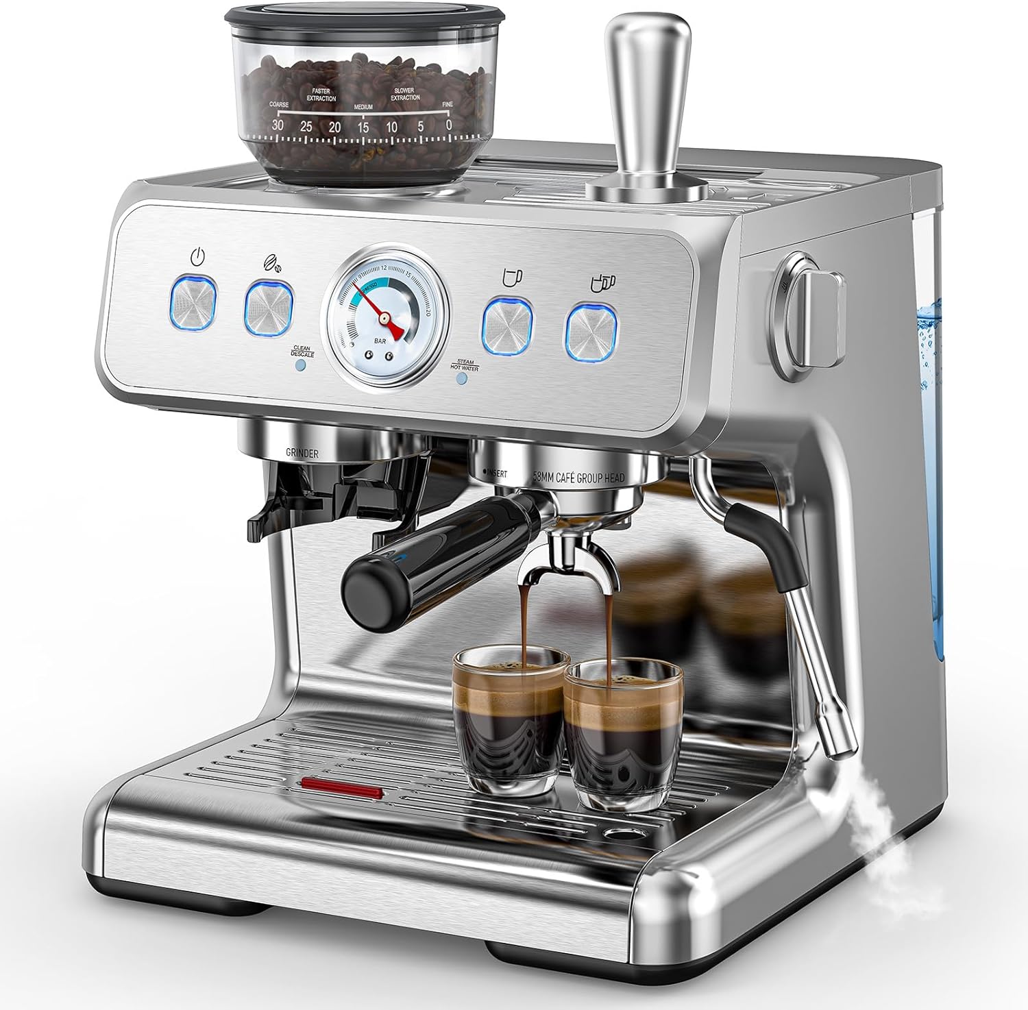 COWSAR Commercial Espresso Machine 15 Bar, Semi-Automatic Espresso Maker with Bean Grinder & Milk Frother Steam Wand, Removable Water Reservoir, Self-Cleaning, Ideal for Cappuccino, Stainless Steel - Thumbnail 2