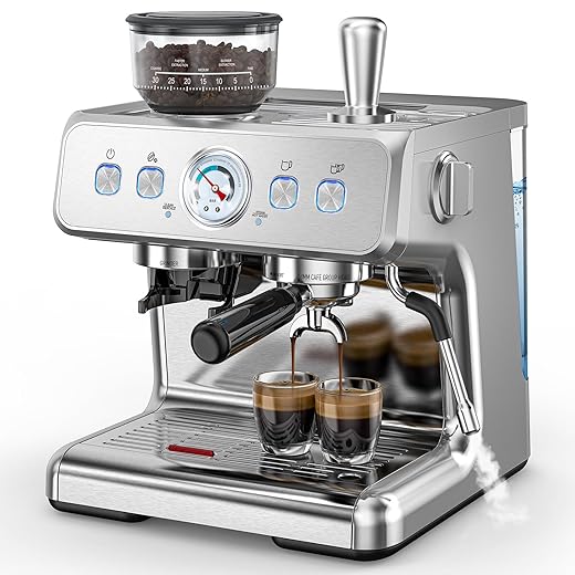 COWSAR 20 Bar Espresso Machine with Grinder & Milk Frother Steam Wand, 58mm Expresso Coffee machines, Commercial Stainless Steel Coffee Maker for Cappuccino and Latte, Perfect for Home Café-Stainless