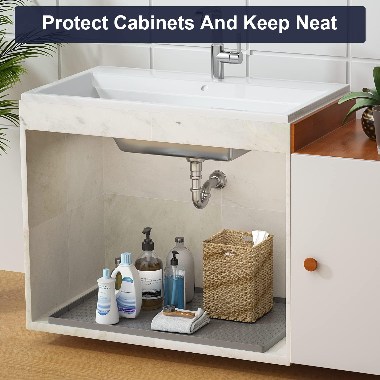 Under Sink Mat - 31" x 22" Waterproof Kitchen Cabinet Mat - Flexible Silicone Under Sink Liner - Kitchen Bathroom Cabinet Mat and Protector for Drips Leaks Spills (Gray)
