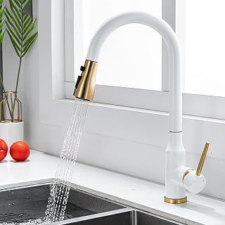 Grifo Cocina con Ducha Extraible Acero Inoxidable Agua Fría y Caliente Modo Dual Giratorio de 360° Grifo Fregadero Cocina-Blanco+Dorado