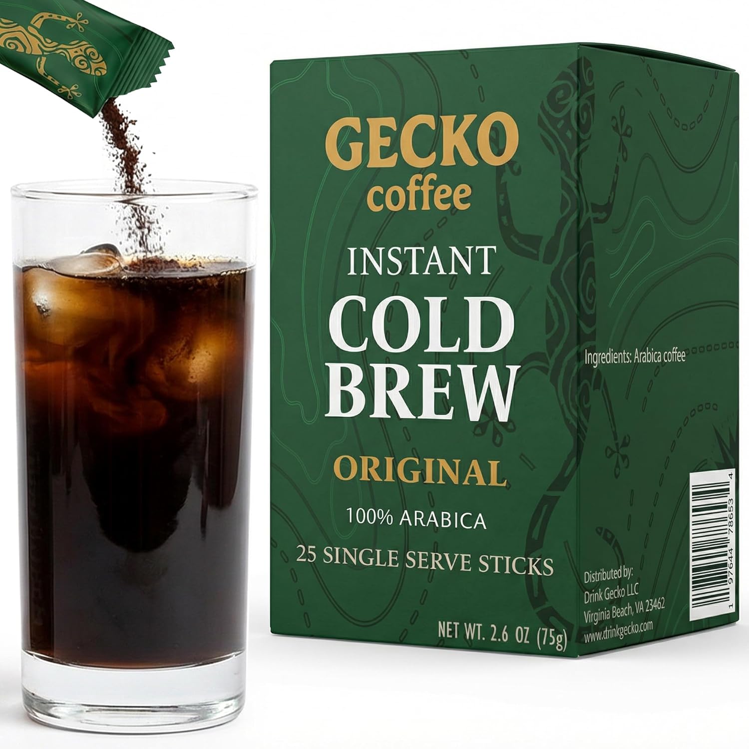Gecko Coffee Instant Cold Brew, 100% Arabica Medium-Dark Roast, Craft Coffee Single Packets, Sugar-Free, Smooth & Rich Iced, Hot or Cold, Eco-Friendly, Espresso Cold Brew, Coffee Sticks (25 Count)