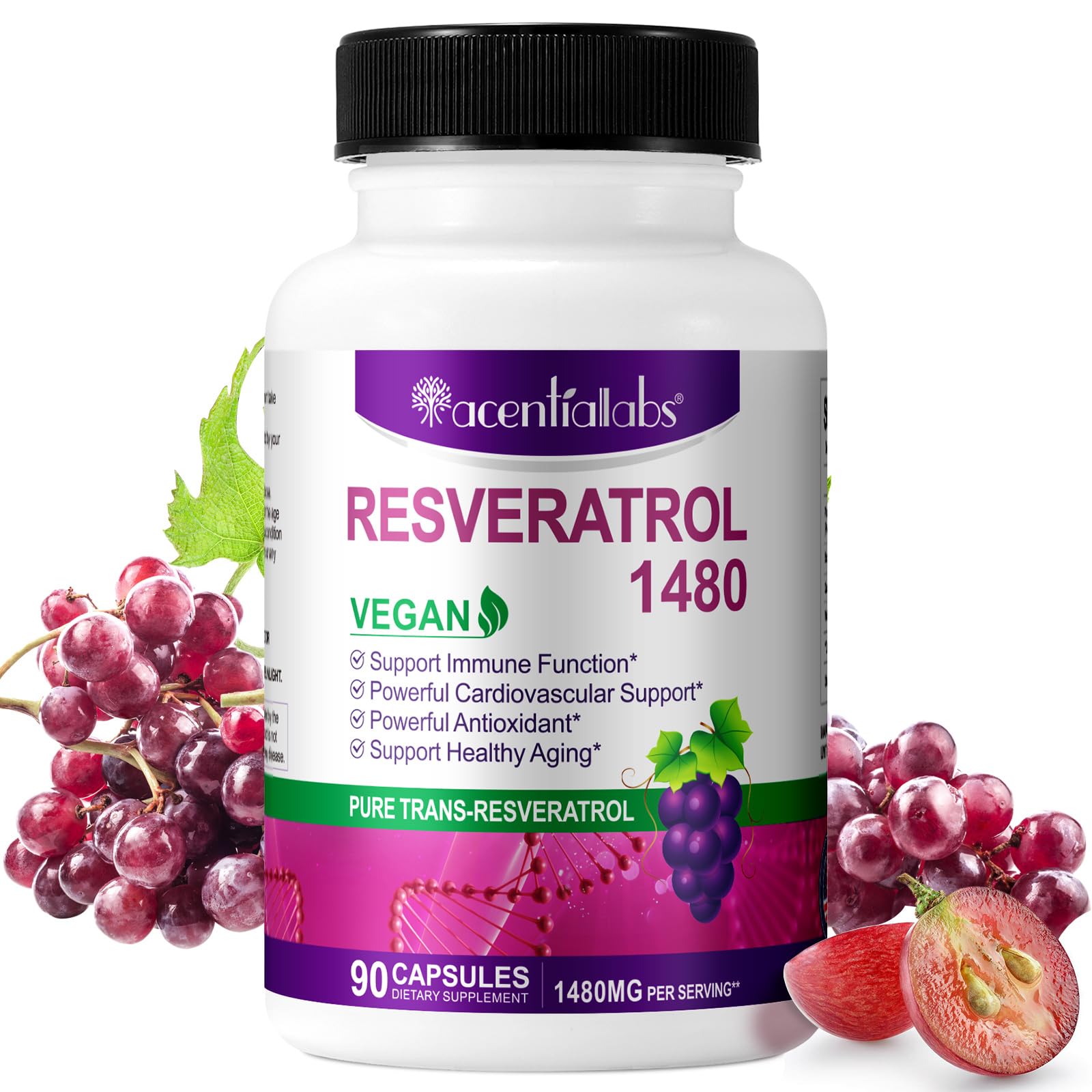 100% Natural Resveratrol - 1480mg Per Serving, 90 Veggie Capsules, 99% Pure Trans-Resveratrol, Antioxidant for Healthy Aging, Brain & Heart Support