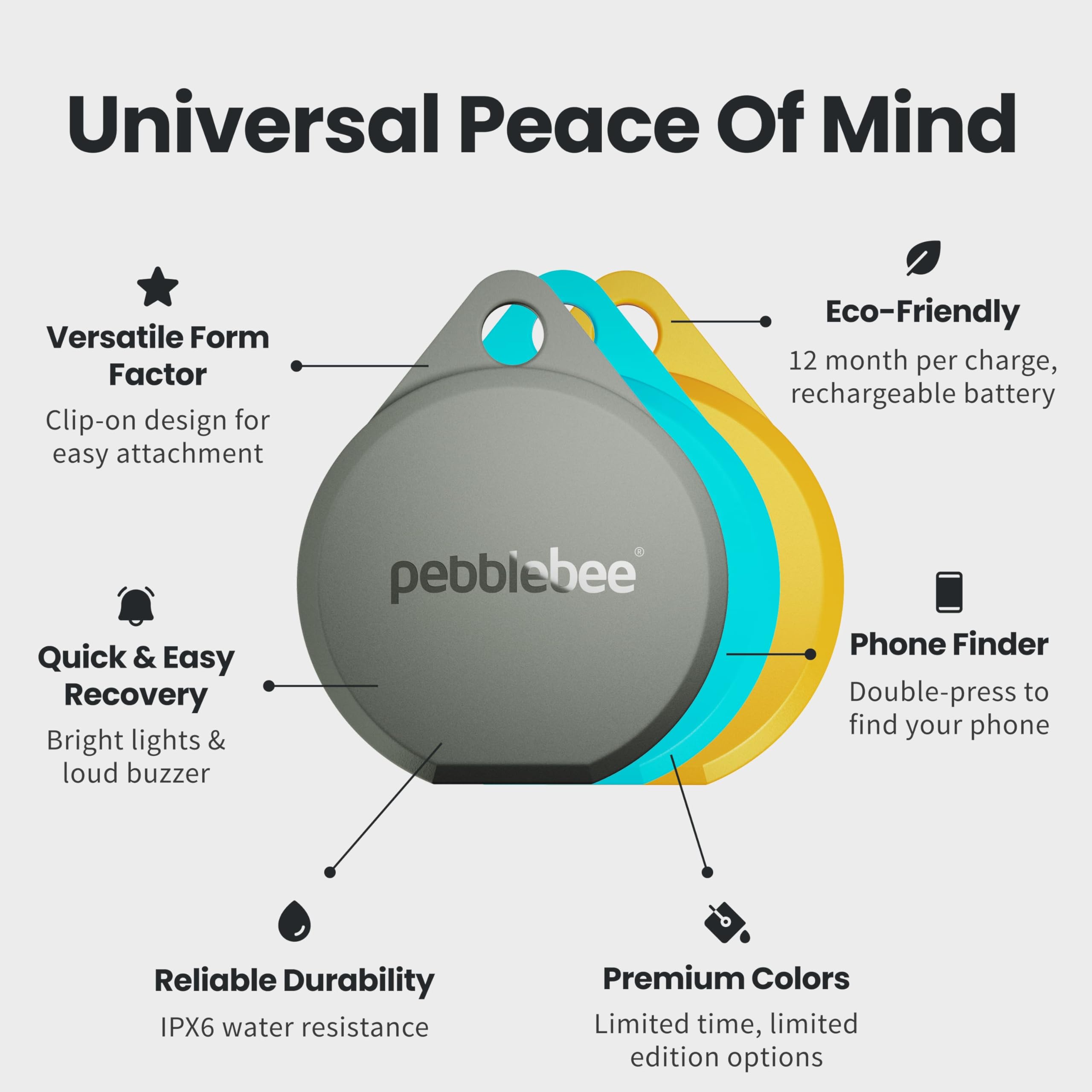 Pebblebee Clip 5 | Tag tracker Bluetooth ricaricabile per chiavi e borse | Alternativa a Air Tag e tracker Android | Sirena da 130 dB, stroboscopio LED luminoso, batteria 12 mesi, modalità di