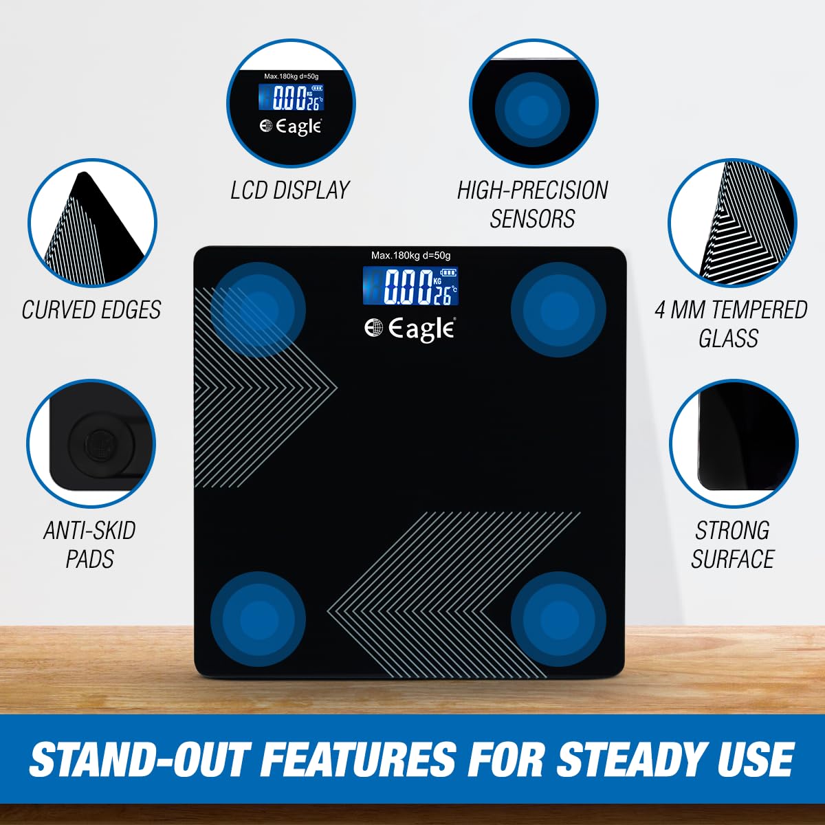 Eagle weight scale for body weight with 180 kg capacity and 50 grams of accuracy, digital waiting machine for body weight, gym, clinics with 4 mm thick tempered glass, 2 year warranty, black, EEP -1200A Eagle weight scale for body weight with 180 kg capacity and 50 grams of accuracy, digital waiting machine for body weight, gym, clinics with 4 mm thick tempered glass, 2 year warranty, black, EEP -1200A