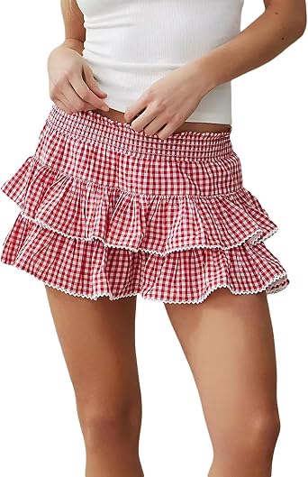 Womens Y2K Gingham Mini Skirt Cute Plaid Ruffle Skirt Elastic Waist A Line Cake Lace Skirts