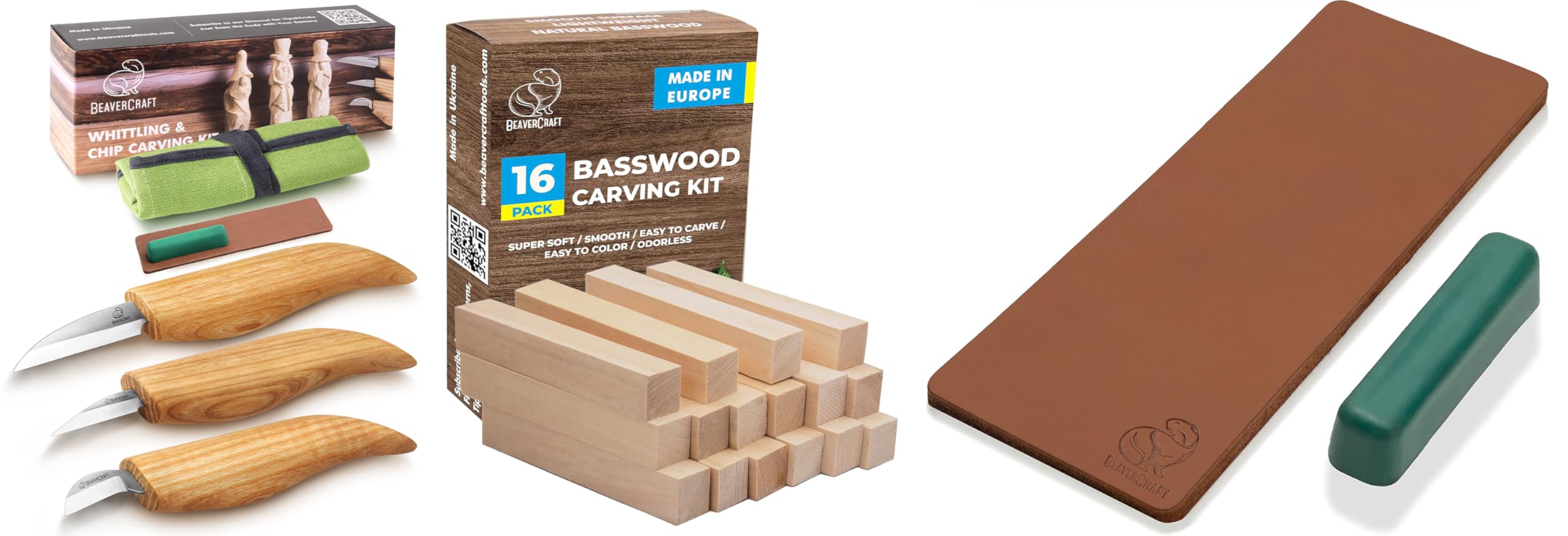 BeaverCraft Schnitzmesser-Set S15 mit Lindenholz BW16 & Zweiseitigem Abziehleder LS2P1 – Holzschnitz-Set für Anfänger mit Sloyd- & Detailmesser plus 16 Holzblöcke & XL-Streichriemen mit Polierpaste
