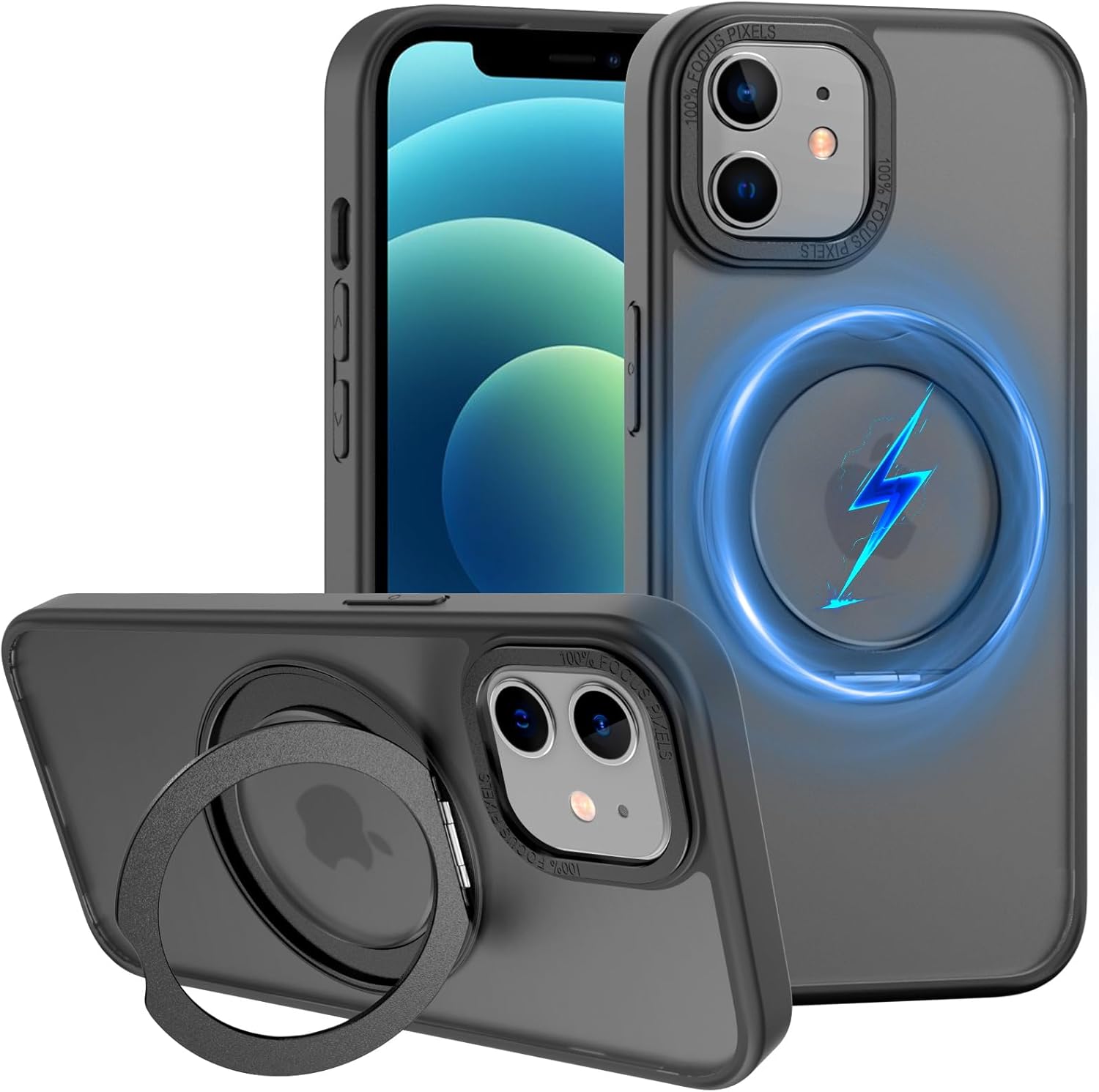 zhk 360° rotatable ring for iphone 12/12 pro case magnetic, [military grade drop proof] [translucent frosted back panel] slim non-slip matte phone case for iphone 12/12 pro 6.1'', space black black iphone 12 / 12 pro 6.1 inch