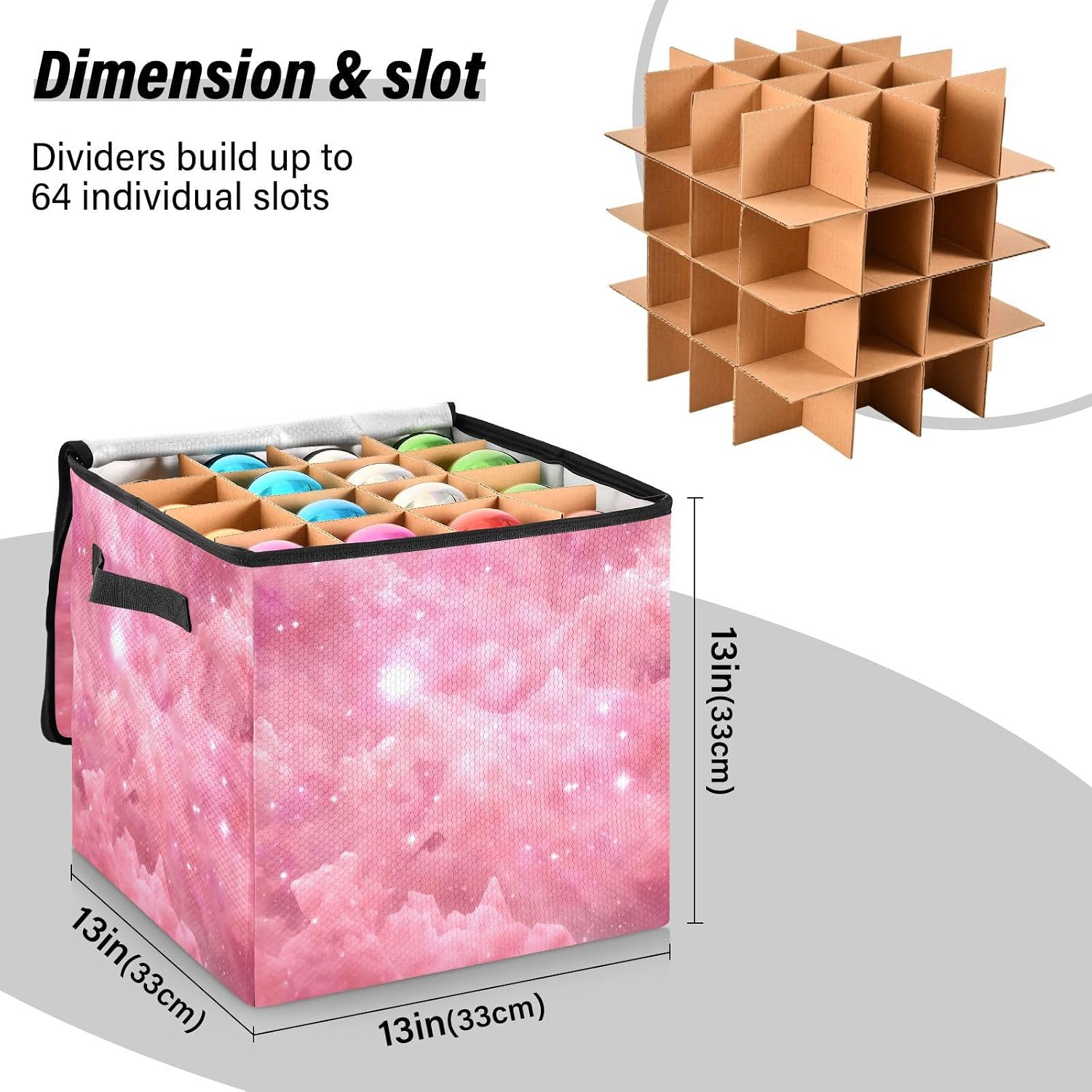 Galaxy Pink 13 Inch Christmas Ornament Storage Box with Lid - Holiday Decor Storage Containers, Stores 64 Ornaments, 3 Inch Cube Compartments