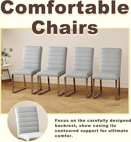 Miniatura 7 de Juego de 4 sillas de comedor modernas, sillas de cocina de piel sintética gris, sillas de comedor tapizadas sin brazos con patas mentales plateadas,