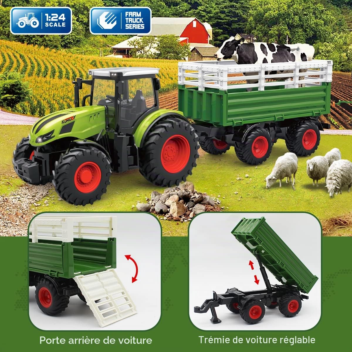 fisca Lot de 45 jouets de tracteur RC pour enfants - Télécommande 2,4 GHz - Avec remorque, bande transporteuse et ferme - Figurines d'animaux - Clôtures - Pour enfants de 3 ans et plus