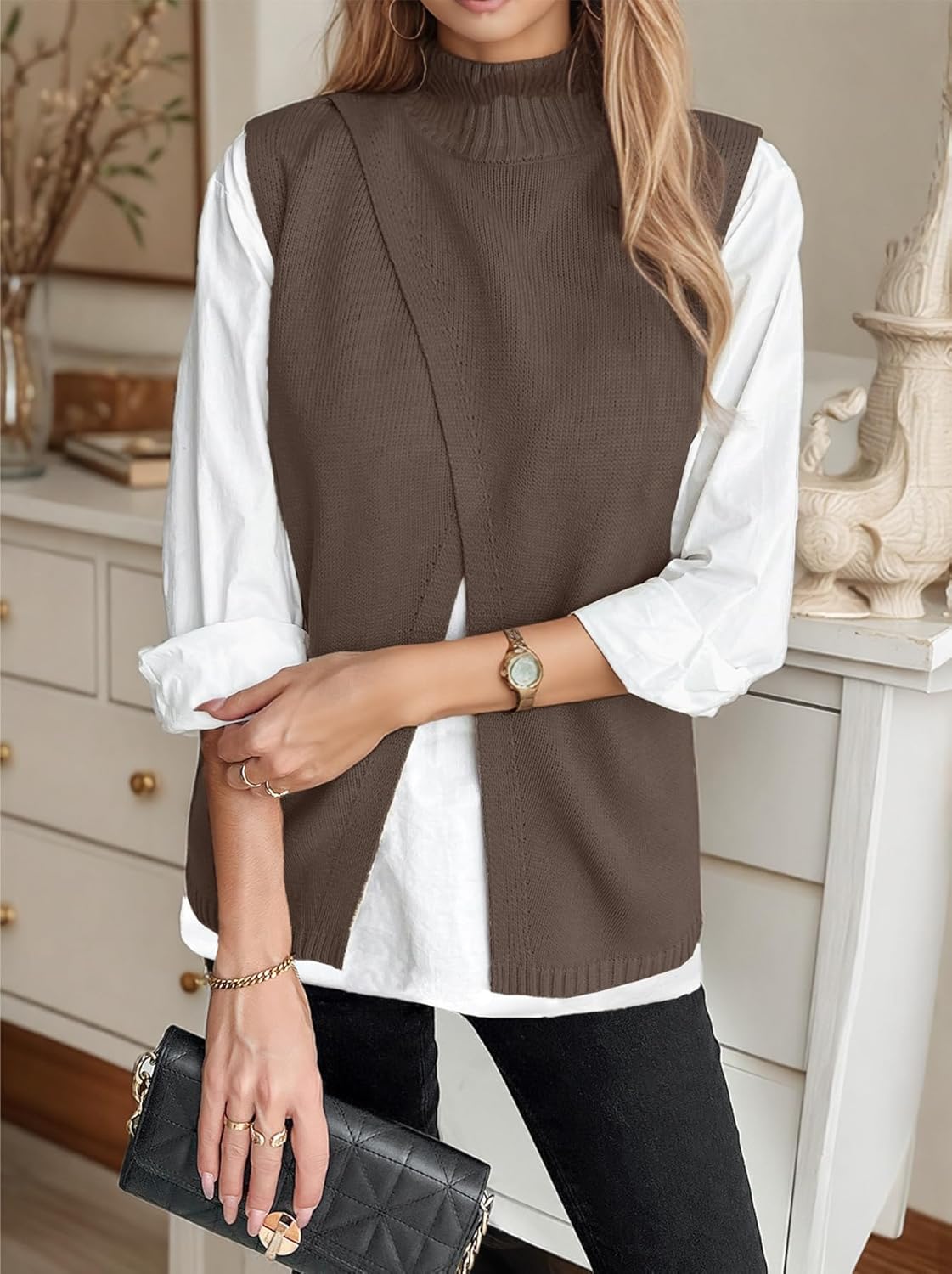 Women's Y2k Sweater Vest - Split Front Layering Piece Crew Neck Knit Camisole Sweater Top