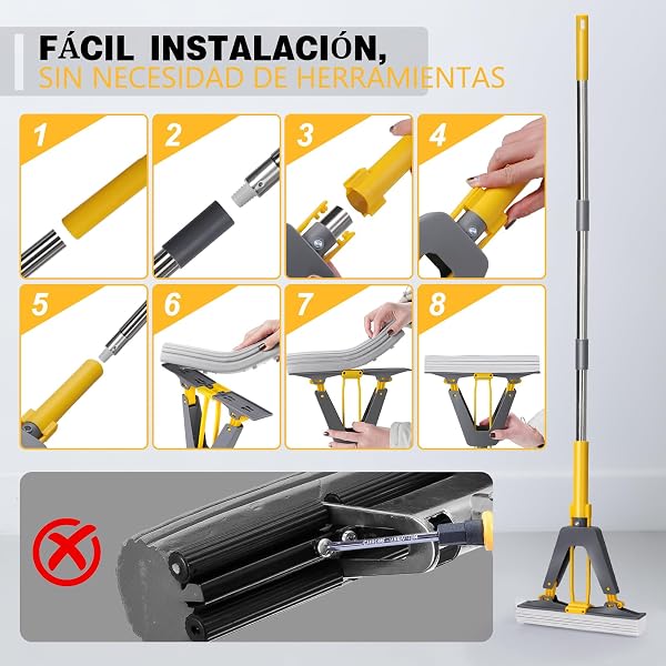 Masthome Fregona de Esponja con Mango de 130 cm, Fregona Absorbente con 3 Cabezas de Esponja, Esponja para Limpieza del Suelo, Mopa Fregona para Baldosas, Laminado, Limpieza de Suelos de Madera Dura - 5