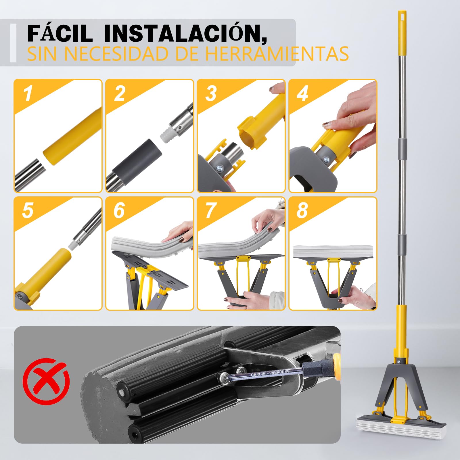 Masthome Fregona de Esponja con Mango de 130 cm, Fregona Absorbente con 3 Cabezas de Esponja, Esponja para Limpieza del Suelo, Mopa Fregona para Baldosas, Laminado, Limpieza de Suelos de Madera Dura — view 5