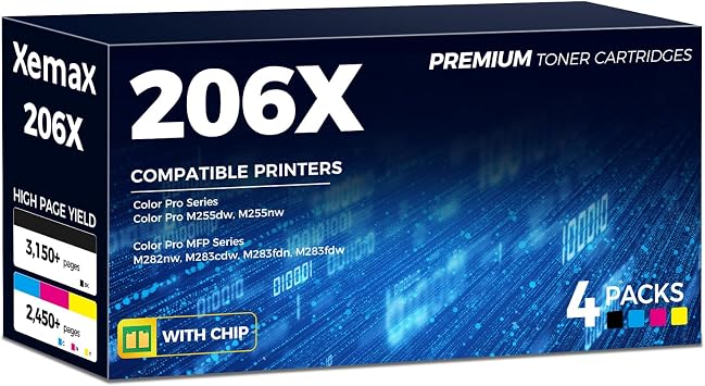 206X Toner Cartridges 4 Pack High Yield Compatible with HP 206X 206A W2110X W2111X W2112X W2113X Replacement with Laser Jet Color Pro M255dw M255nw, MFP M282nw M283cdw M283fdn M283fdw