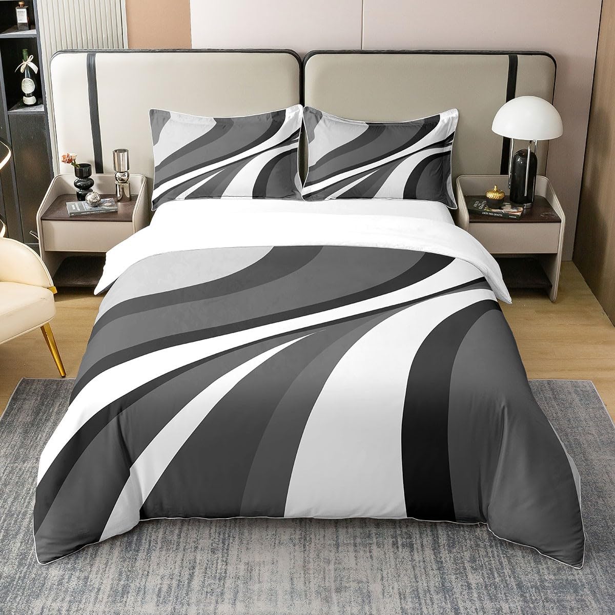 Abstract Swirls 100% Cotton Duvet Cover King Size, Black White Grey Bedding Set for Kids Boys Girls, Lines Comforter Cover Bedroom Decor, Modern Geometric Quilt Cover with 2 Pillow Shams