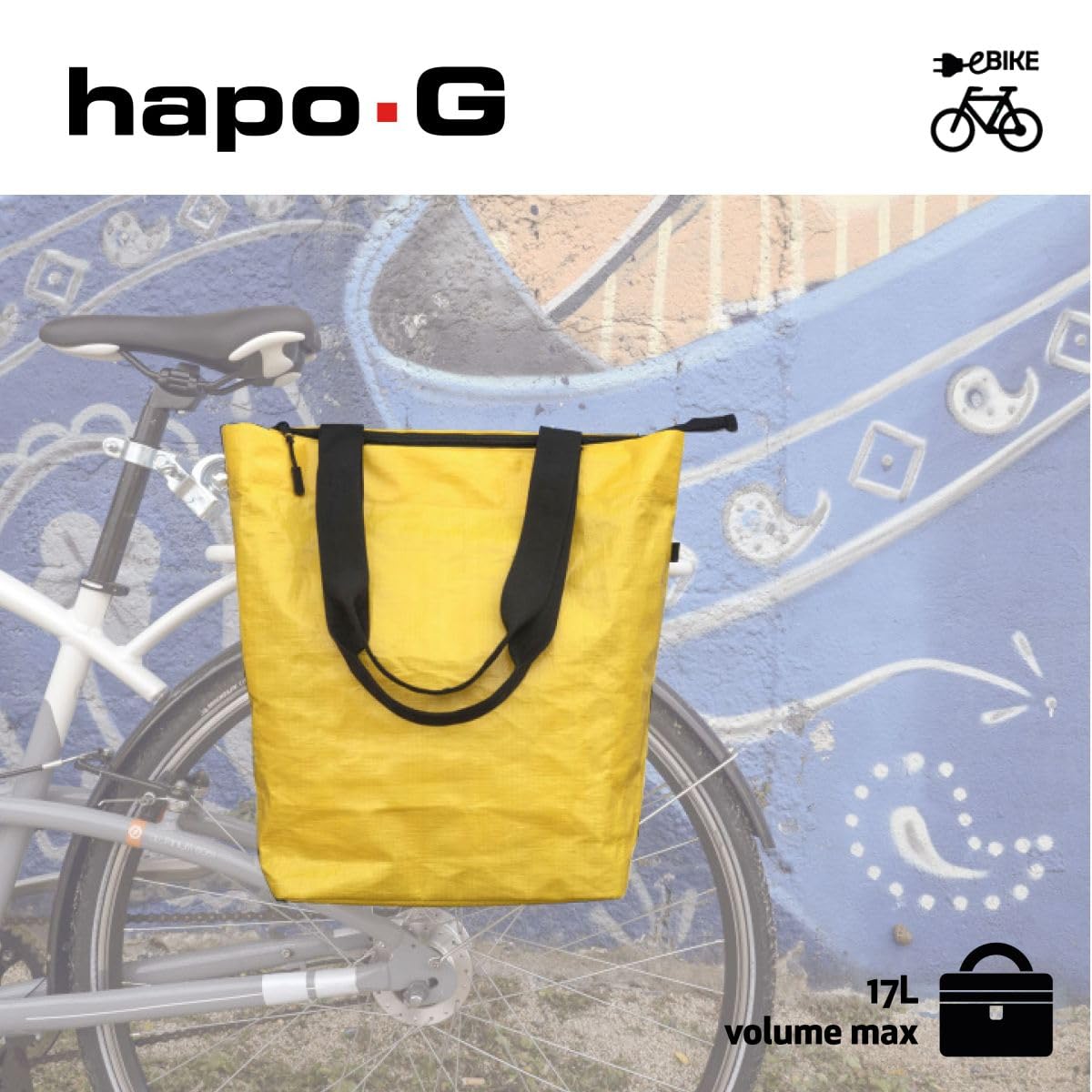 Hapo-G - Sacoche Arrière Vélo Jaune - Fixation Porte-Bagages - Polypropylène Recyclé - 17L - Anse de Portage - Compatible E-Bike - Crochets 8, 11, 15 mm - Dimensions 29x40x18 cm - Charge Max 5 kg