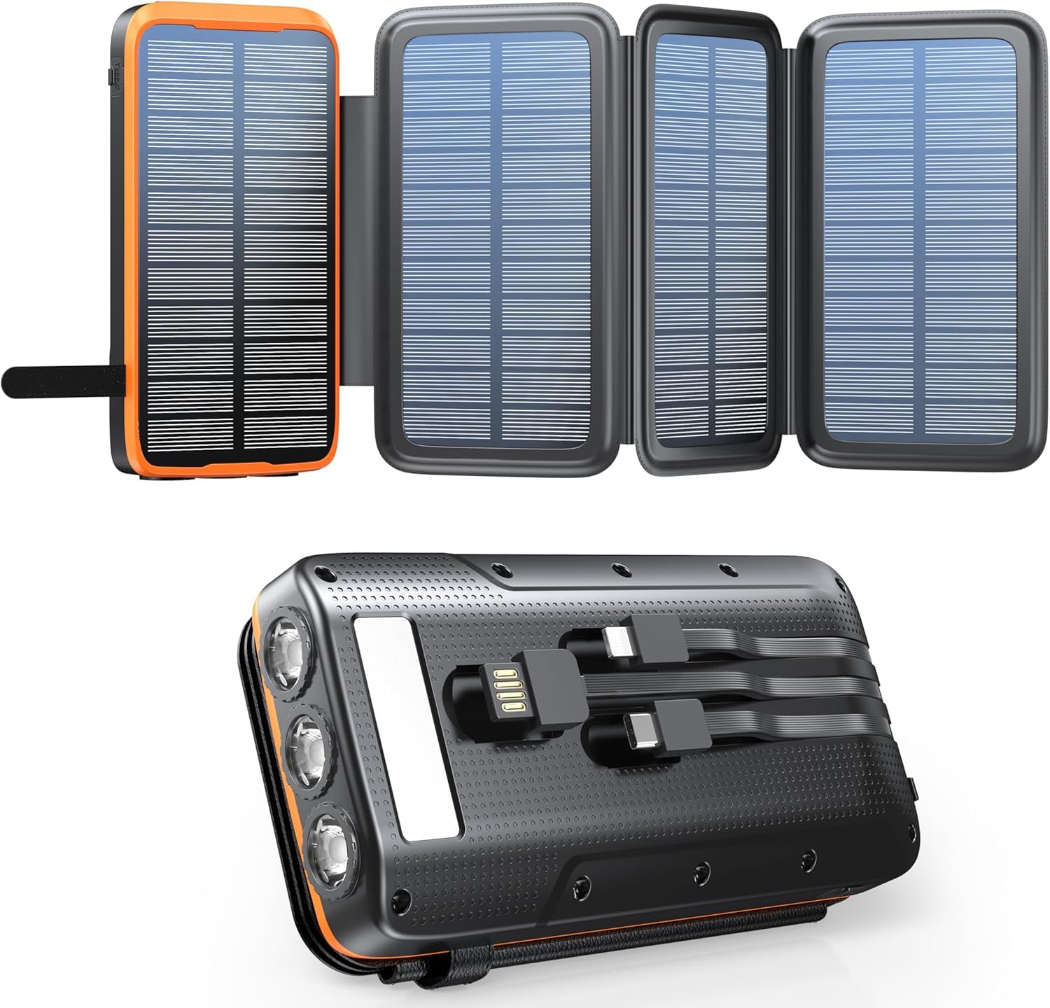 Solar Power Bank 20000 mAh, caricatore solare con 3 cavi, QC4.0, 22,5 W, USB C, 20 W, funzione di ricarica rapida, con 4 pannelli solari e 3 torcia LED per smartphone, tablet, campeggio