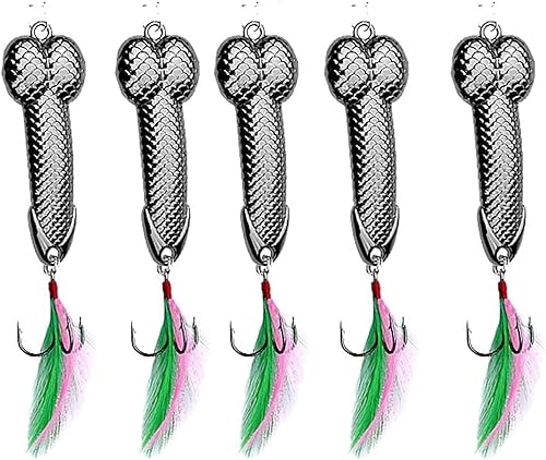 Miniatura 10 de 5 señuelos de metal duro, cuchara de señuelo de pesca con anzuelo de plumas, anzuelo de pesca, gancho de pesca, regalo de broma para amantes de la