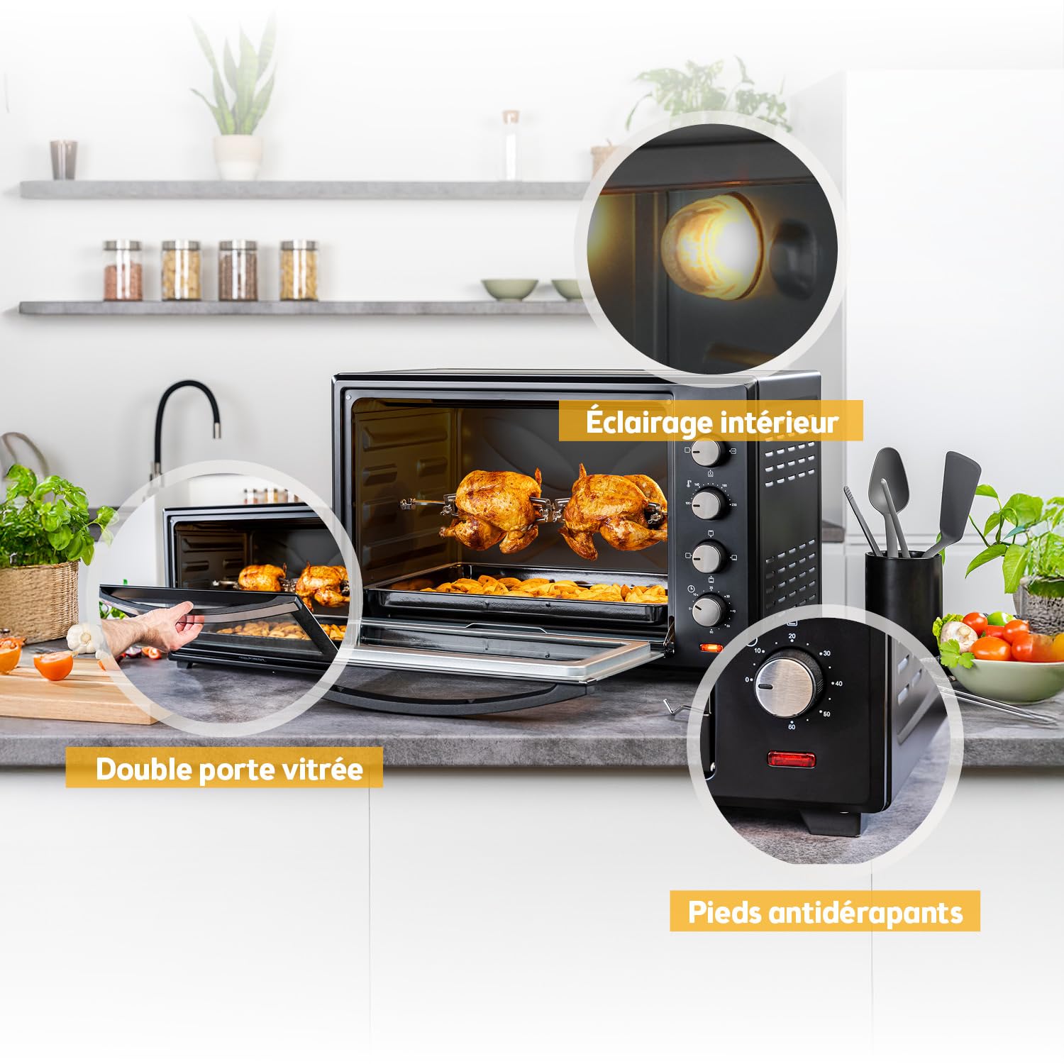 TZS First Austria - Mini-Four 60L 2000W - Four spacieux pour pizza avec température jusqu'à 230°C et 6 modes - Avec minuterie de 60 min, 4 hauteurs d'insertion, plaque, grille et tournebroche rotatif