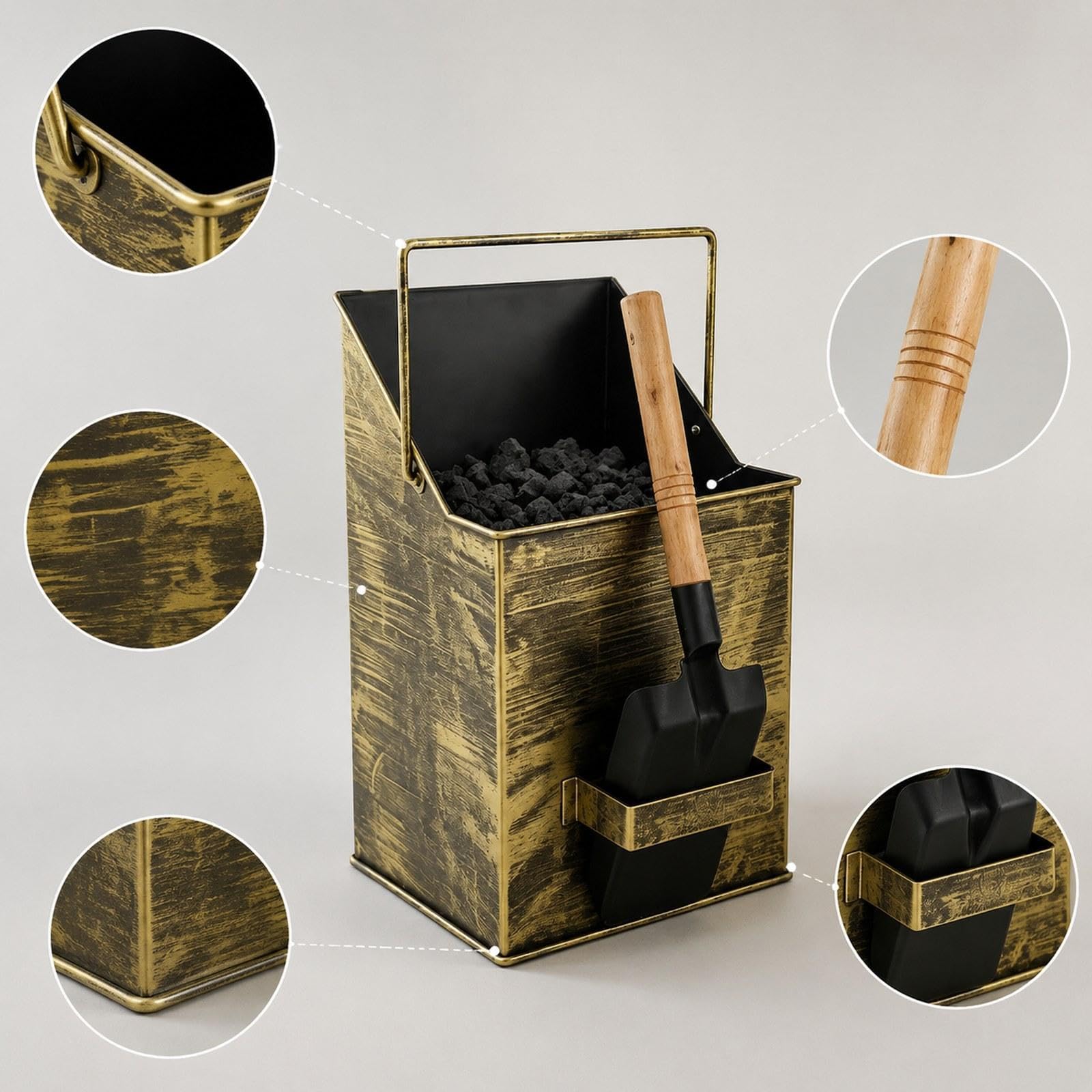 Cubo para Cenizas con Tapa para Horno, Contenedor de Cenizas, Hierro Robusto Y Resistente Al, Abertura Inclinada, Pala de Bronce, Individual