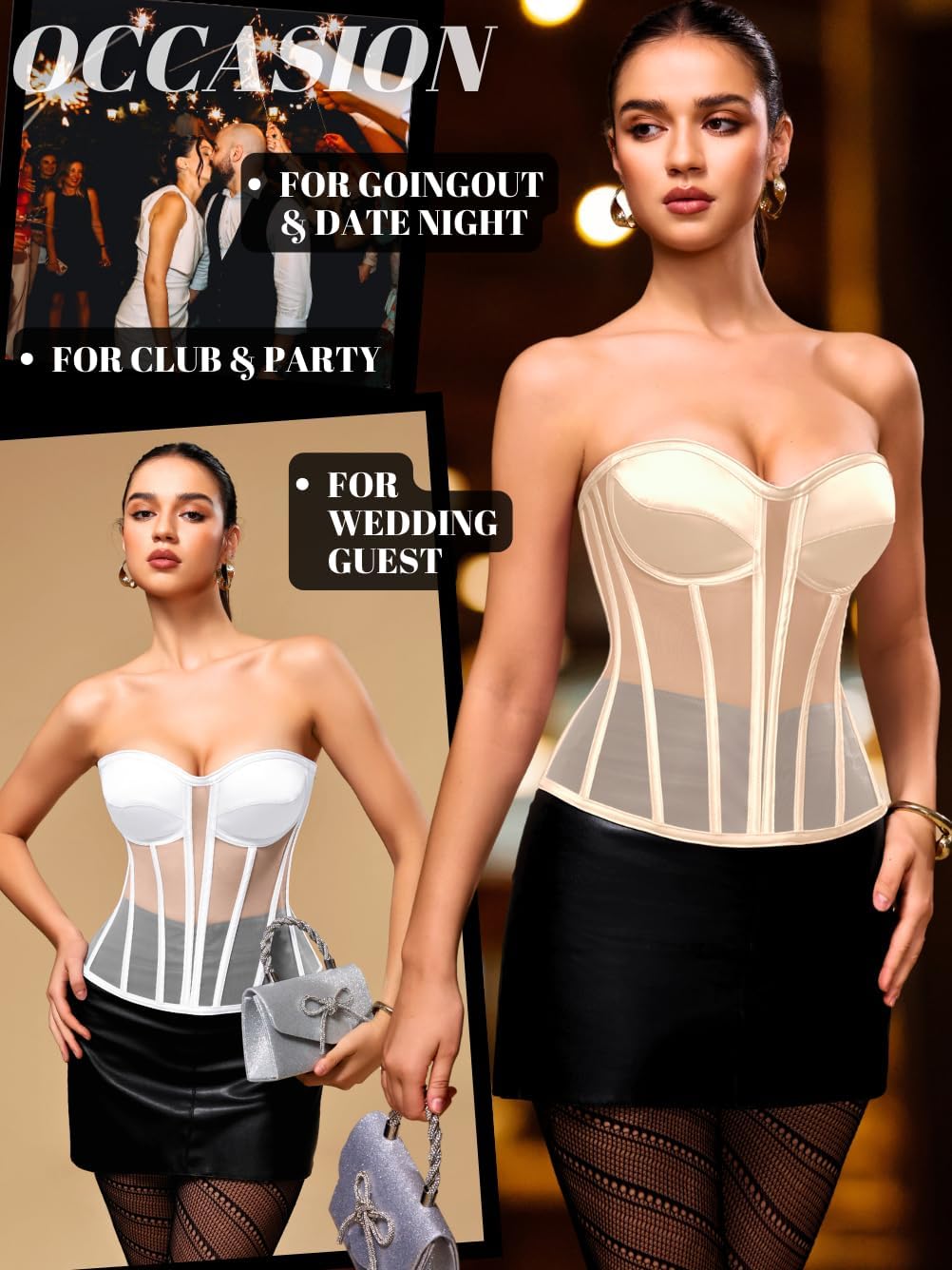 Kaei&Shi Sheer Mesh Corset Top,Overbust Satin Longline Strapless Bra,Backless Shapewear With 12 Polyester Boning