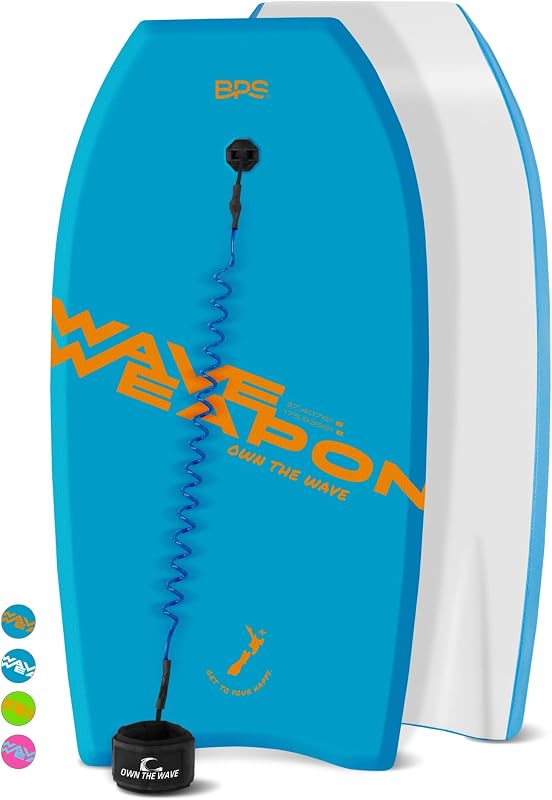 'Wave Weapon' Body Board for All Wave Conditions - Lightweight with EPS Core HDPE Slick Bottom Body Boards for Beach with Wrist Leash and Plug for Kids and Adults