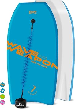 37 Inch Body Board for Adults and Kids - HDPE Slick Bottom & EPS Core - Light Weight Bodyboard Perfect for Surfing - with Coiled Leash and Swim Fin Tethers Blue & White