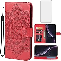 Vista 8 de Funda para iPhone XR, Apple XR Wallet Case con protector de pantalla de vidrio templado, mandala en relieve de cuero con tapa para tarjeta de Azul