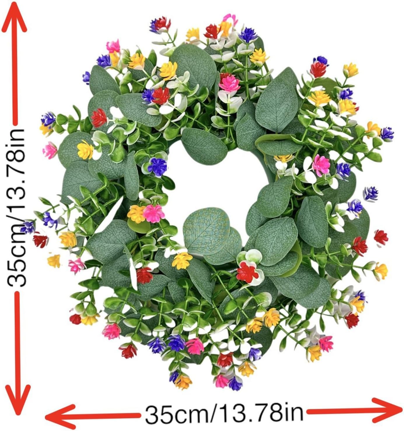 Spring Candle Rings, Decorative Wreath with Colorful Flowers and Eucalyptus Leaves, 14 Inch Floral Candle Wreath for Table Centerpiece and Home Decor
