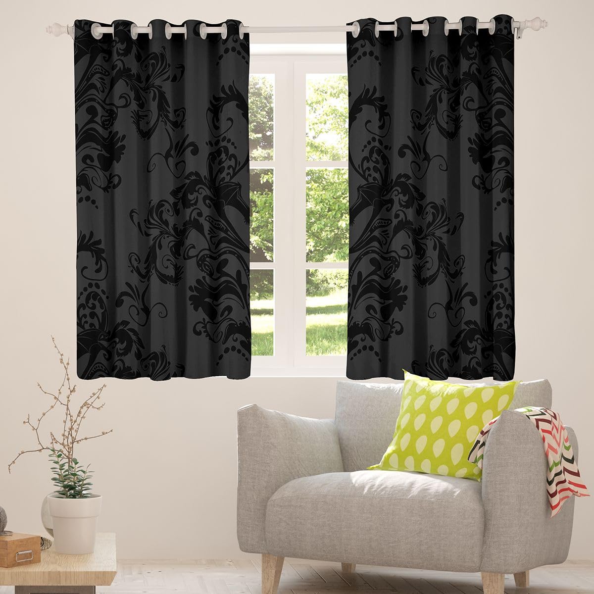 Tende oscuranti damascate nere, 117 x 183 cm, motivo pipistrelli di Halloween, gotiche, con occhielli, per soggiorno e camera da letto, stile vintage, bohémien, floreale, oscuranti, 2 pannelli