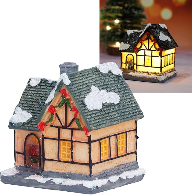 plplaaoo Christmas Lights Decorations,Christmas Scene Village Houses Town Christmas OrnamnetChristmas House Village LED Lights Decorating Battery Operated Resin House Decoration