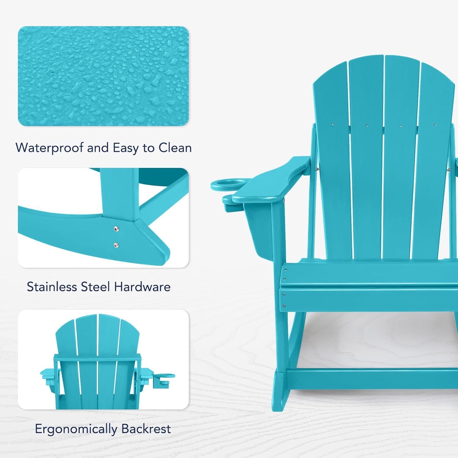 Outdoor Rocking Chair, HDPE Poly All-Weather Patio Rocking Chairs with Cup Holder for Adults, Porch Rocker for Deck Patio Balcony, 440lbs, Turquoise