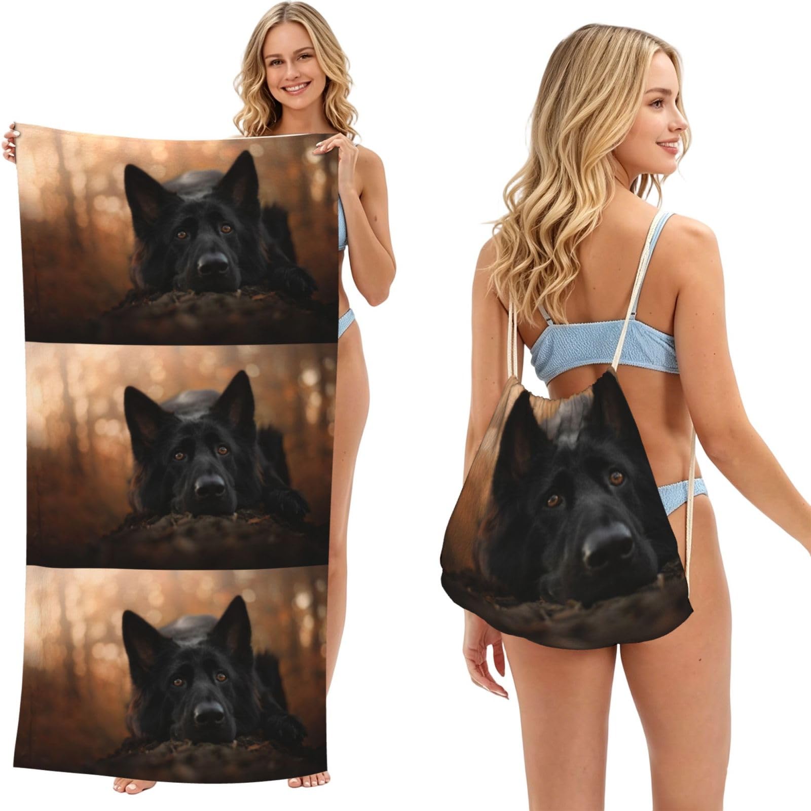 Poadnly As Picture Black German Shepherd Bokeh Autumn German, 2 In 1 Packable Towel Bag, Beach Towels With Drawstring Backpack For Travel Holiday Camping