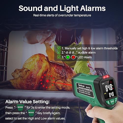 Miniatura 3 de Termómetro infrarrojo para cocinar, pistola de temperatura láser de superficie Gedaye con puntero láser 131, sonda de metal, emisividad ajustable,
