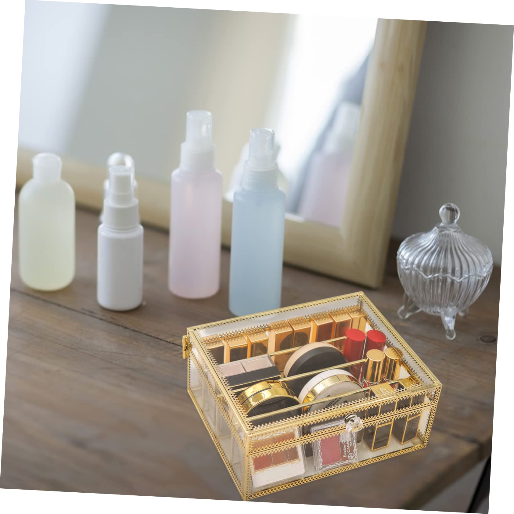 Boîte de Rangement Cosmétique en Verre et Alliage Couvercle