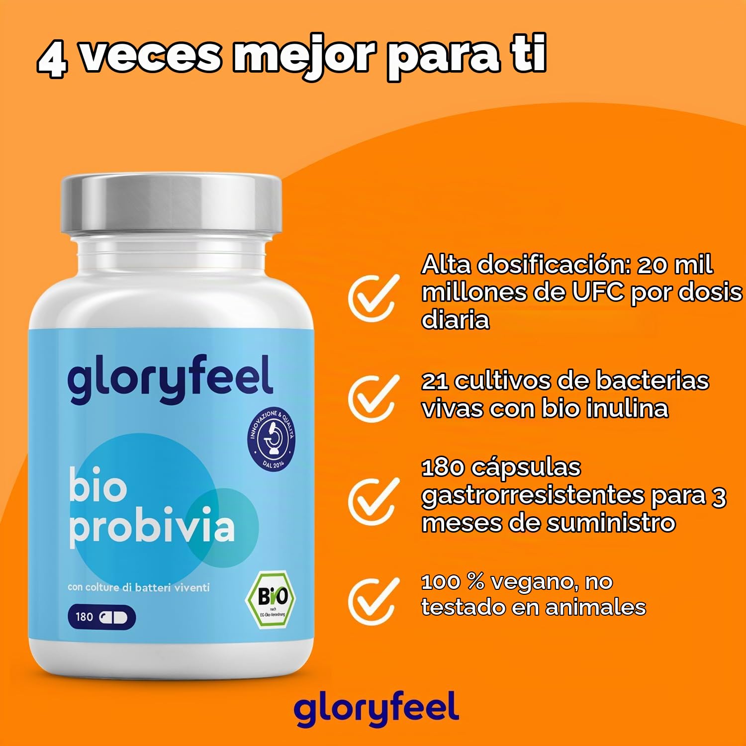 Bio Probióticos y Prebióticos Intestinales - 180 Cápsulas - 20 mil millones de UFC, 21 cepas bacterianas + Inulina orgánica - Lactobacillus y Bifidobacterium (Paquete de 2)
