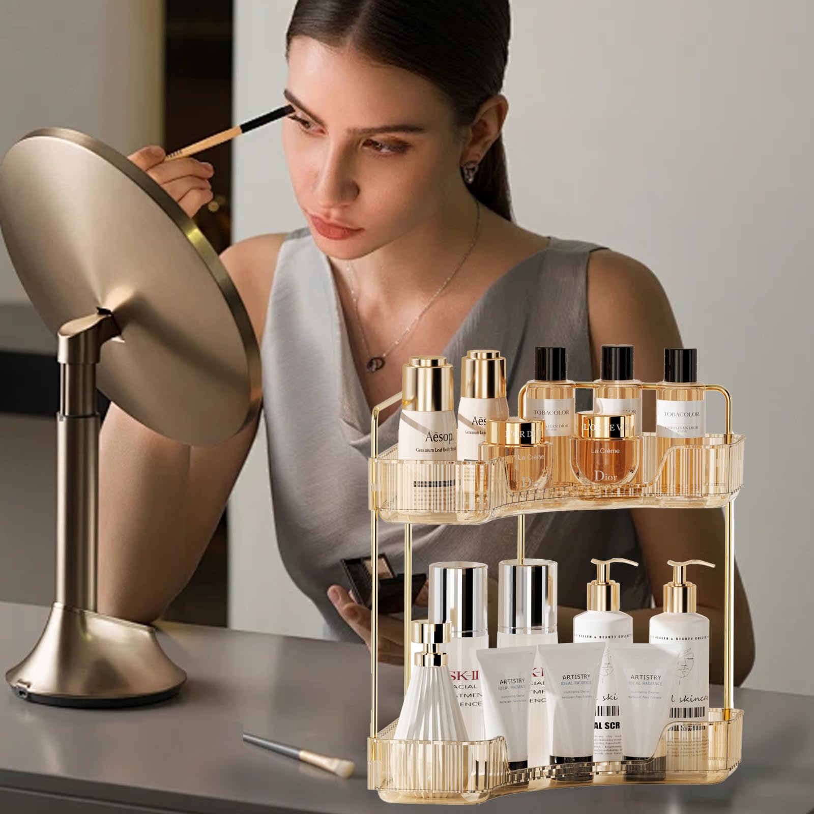 Organizzatore di Trucco, organizzatore angolare per il bagno, Organizzatore di Cosmetici ad Grande Capacità, Organizer Trucchi Multifunzione Adatti per Toeletta, Bagno, 2 Livello, Trasparente